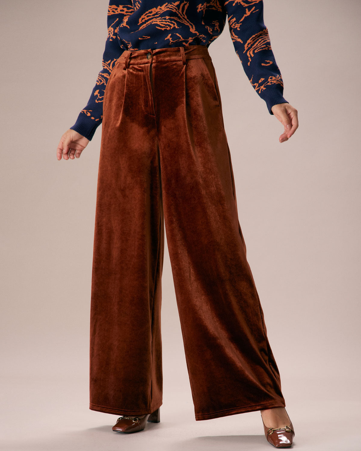 The Brown High Waisted Velvet Wide Leg Pants Classic For Sale