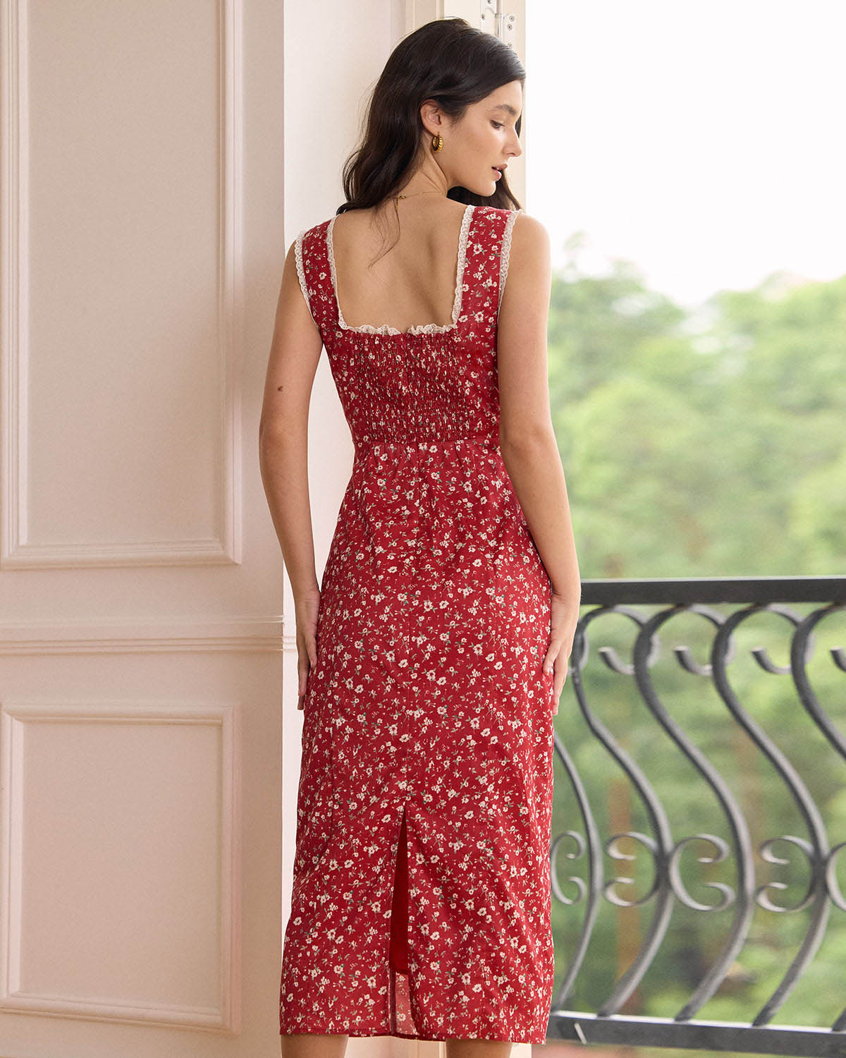 The Red Sweetheart Neck Floral Lace Trim Midi Dress Shipping Discount Sale