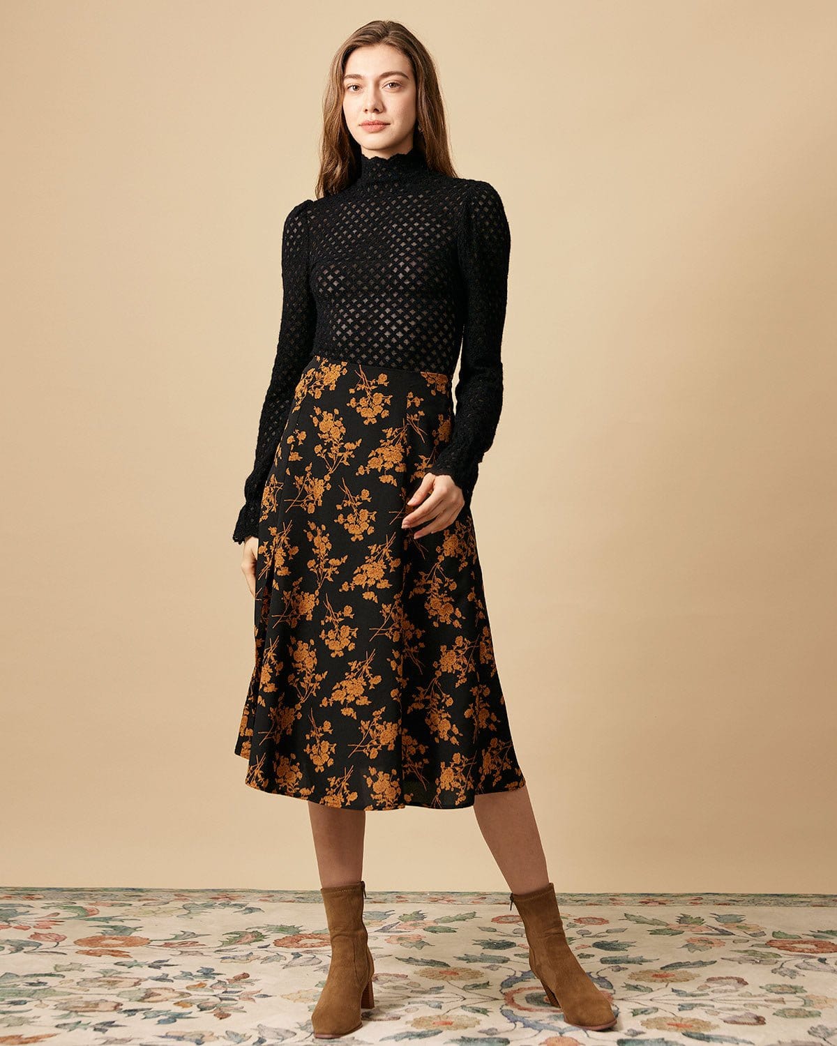 The Floral Slit High Waisted A-line Skirt Excellent