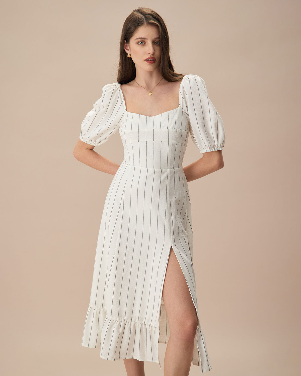 The Beige Puff Sleeve Striped Split Cotton Midi Dress With Mastercard For Sale