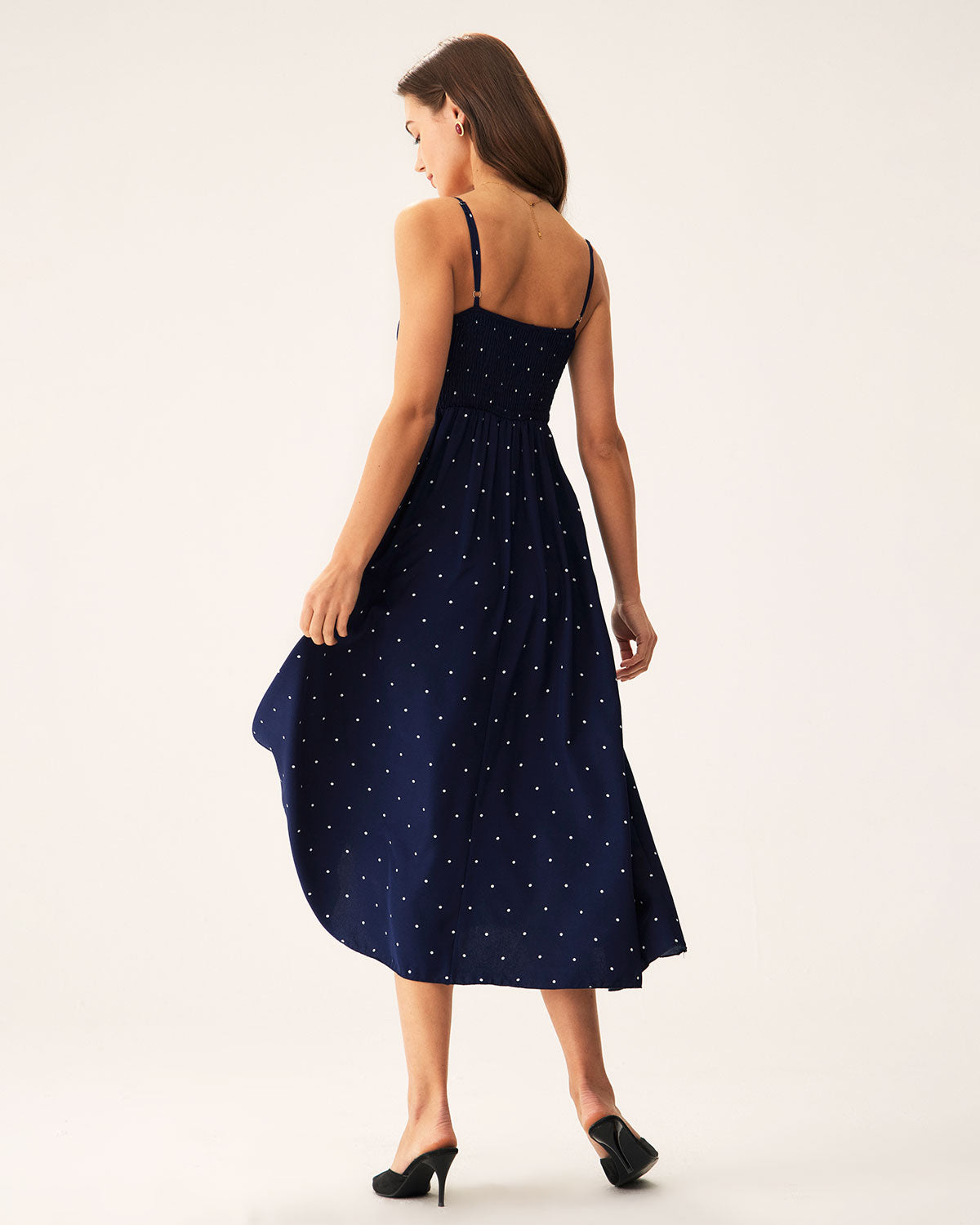 Navy Polka Dot Shirred Slip Midi Dress Best Seller Cheap Pice