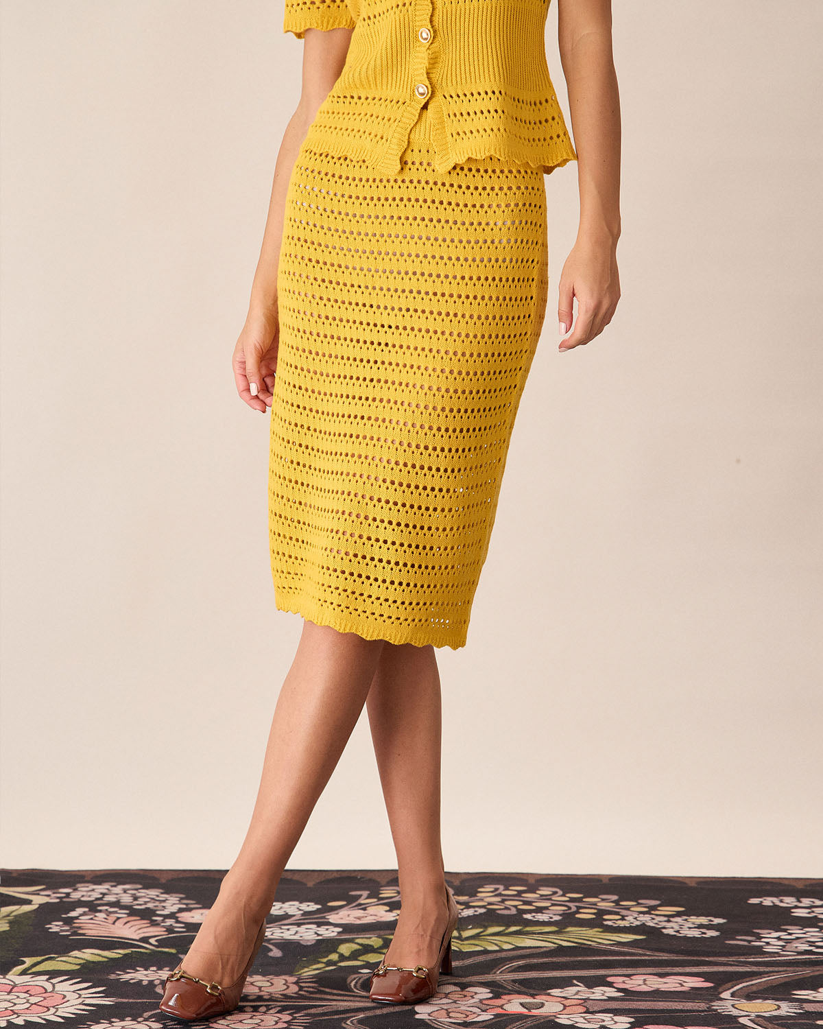 Yellow High-waisted Knee Length Knit Skirt For Sale Free Shipping