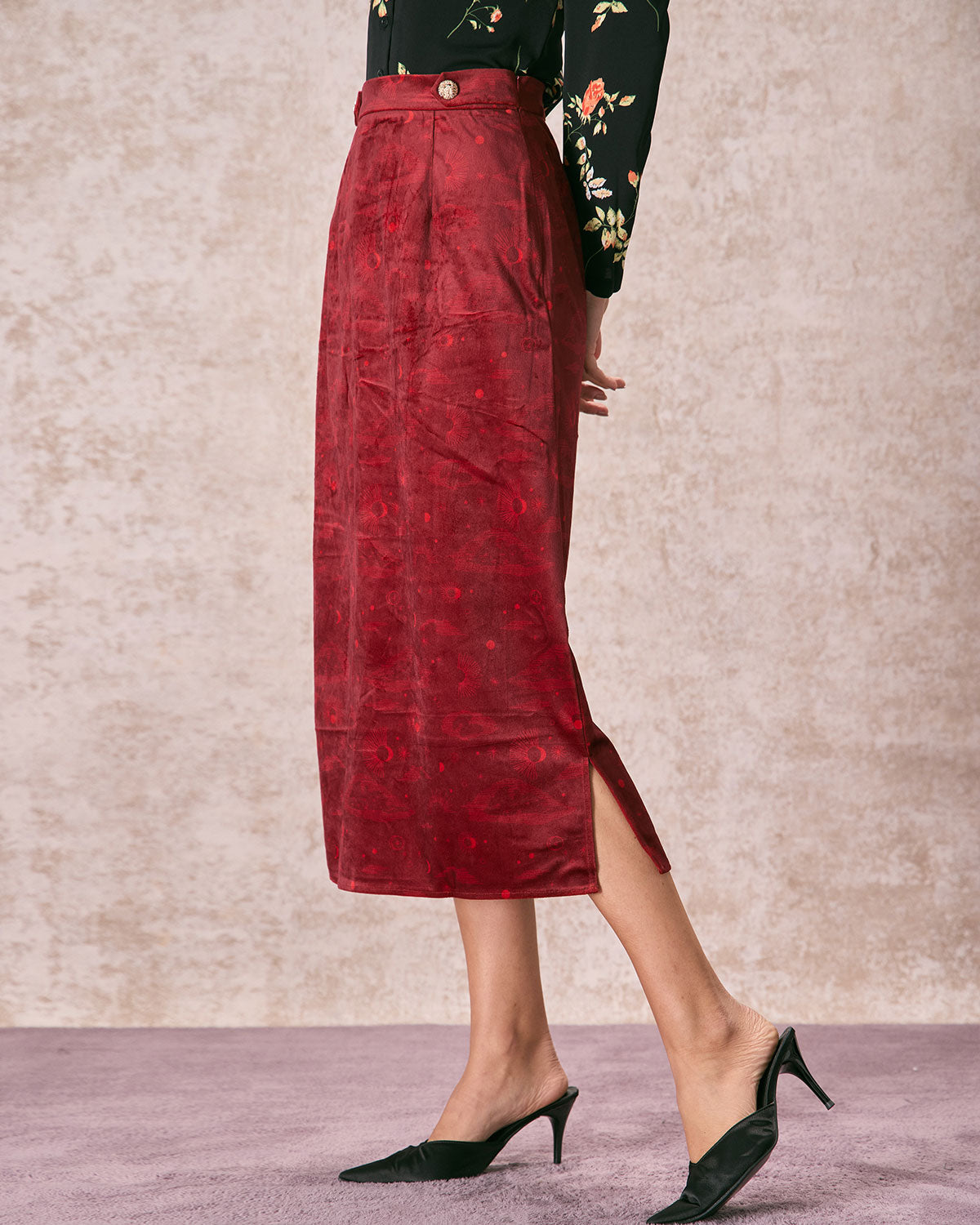 The Wine Red Split Hem Velvet Midi Skirt Buy Cheap Big Discount