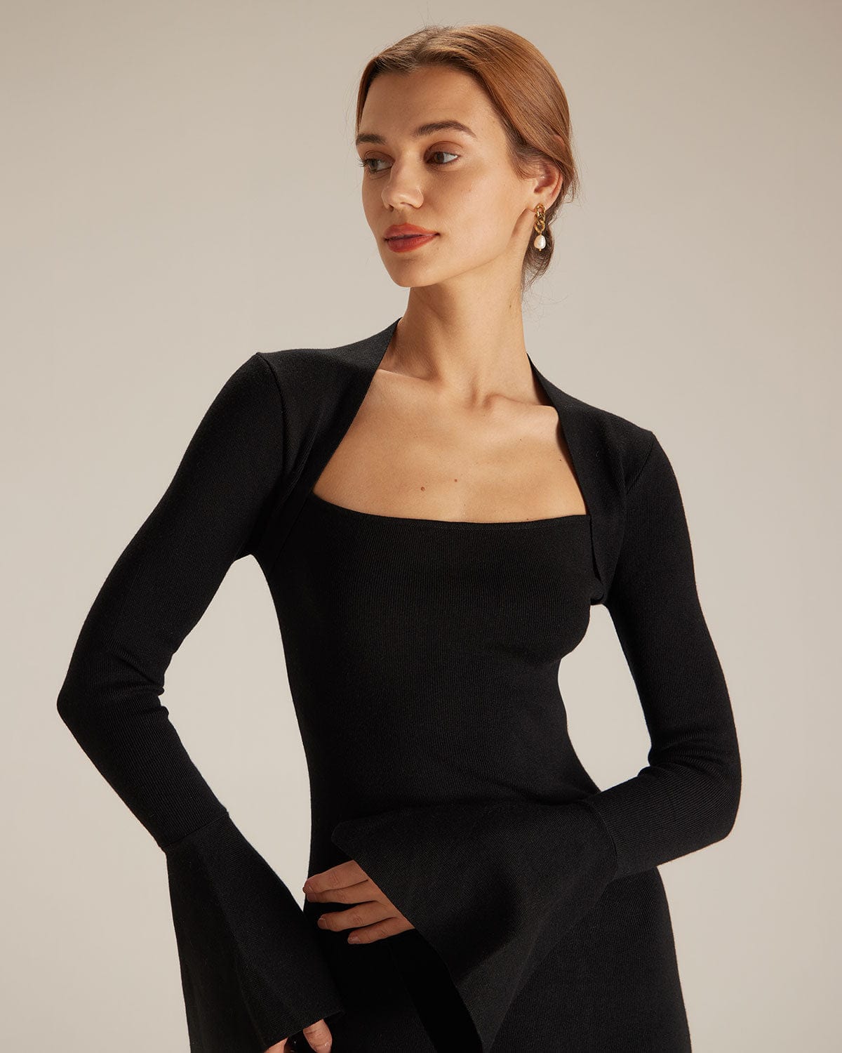 The Black Square Neck Flare Sleeve Midi Dress Buy Cheap Looking For