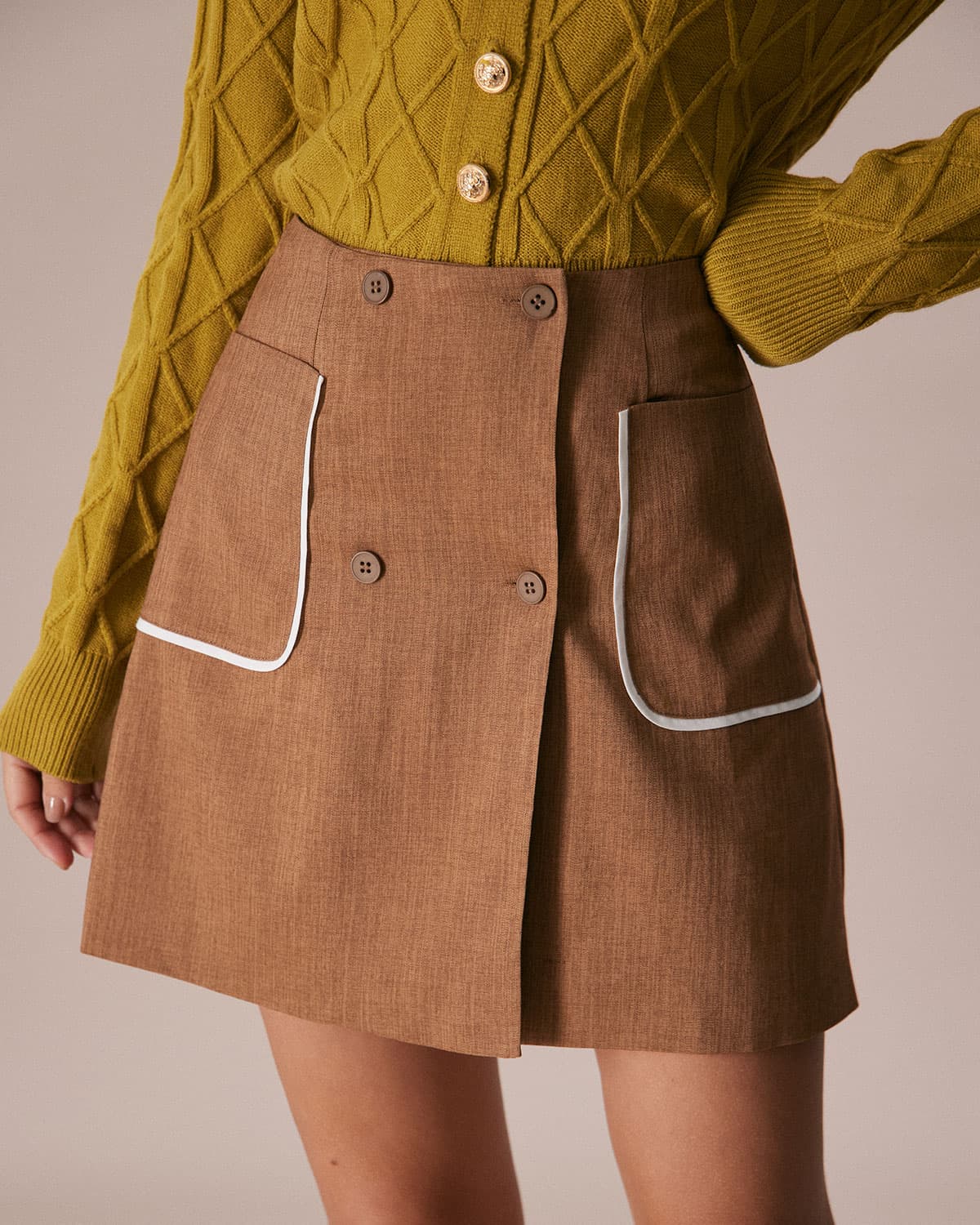 The Khaki Contrast Trim Button Mini Skirt Outlet Locations Cheap Online