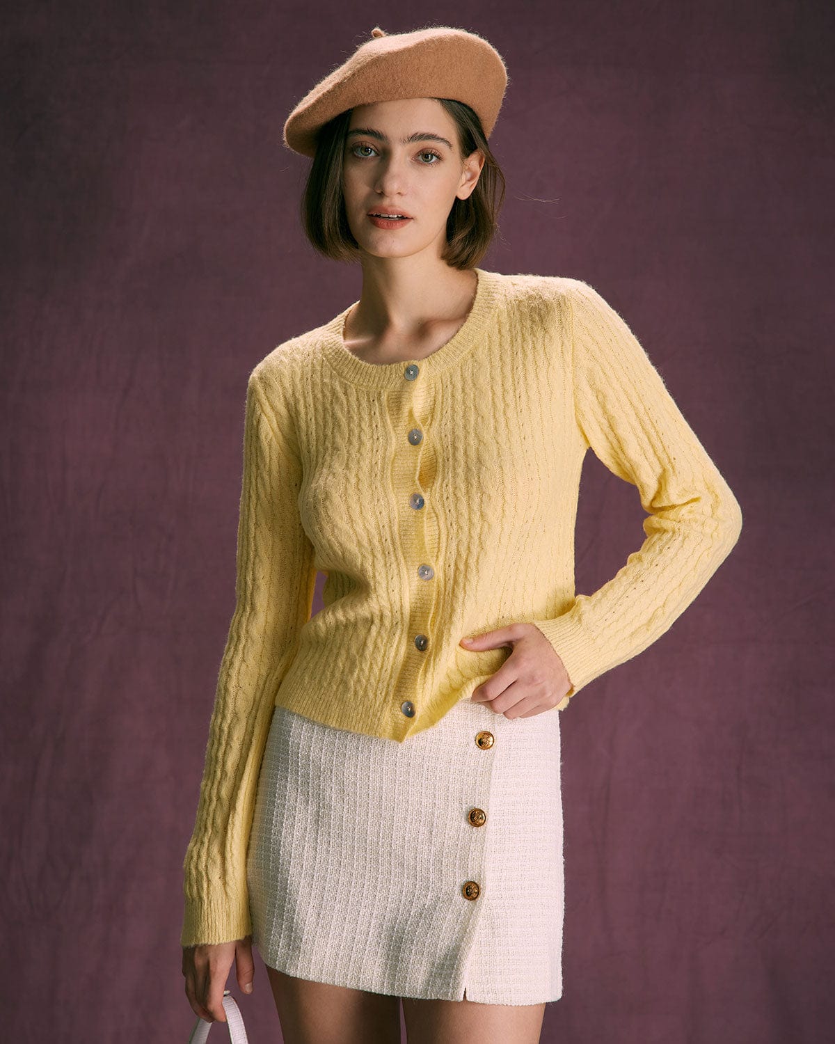 The Yellow Round Neck Cable Ribbed Cardigan Cheap Sale Buy