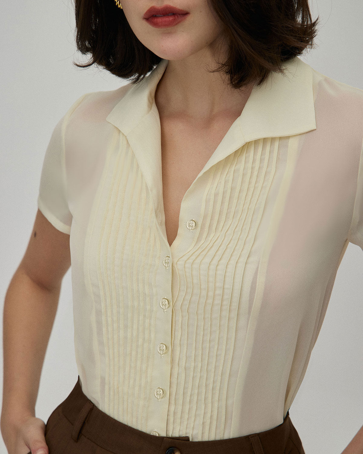 The Beige V Neck Pleated Chiffon Blouse Collections For Sale