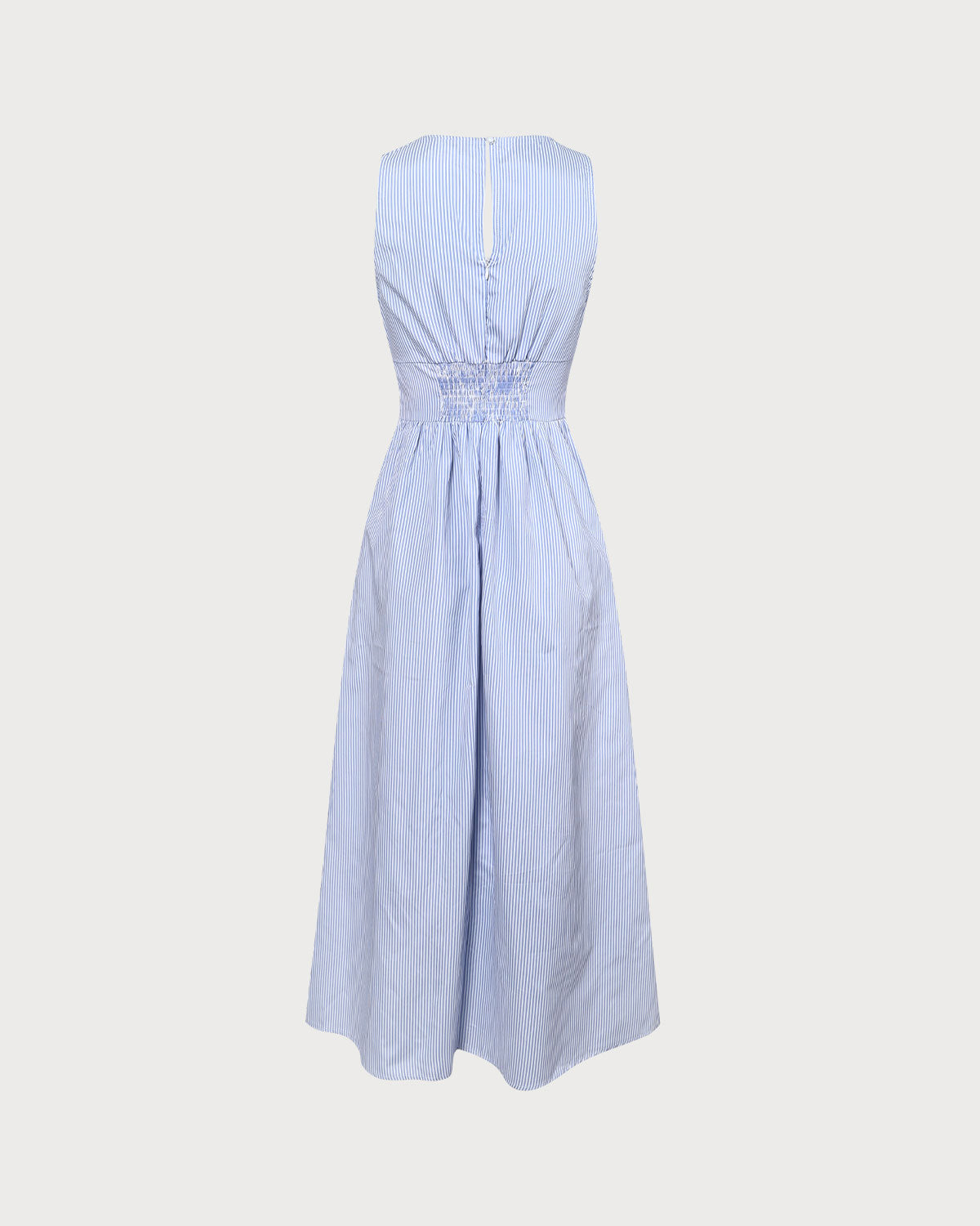The Blue V Neck Shirred Striped Maxi Dress For Sale For Sale