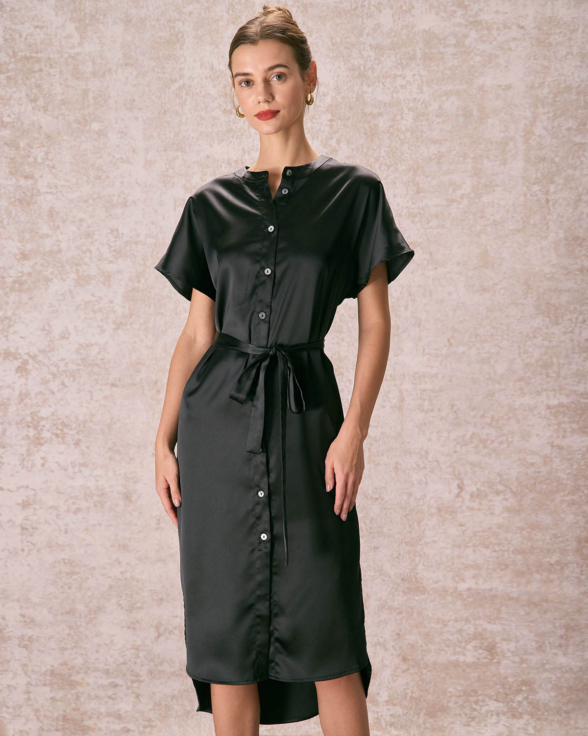 The Black Crew Neck Belted Satin Midi Dress Amazon For Sale