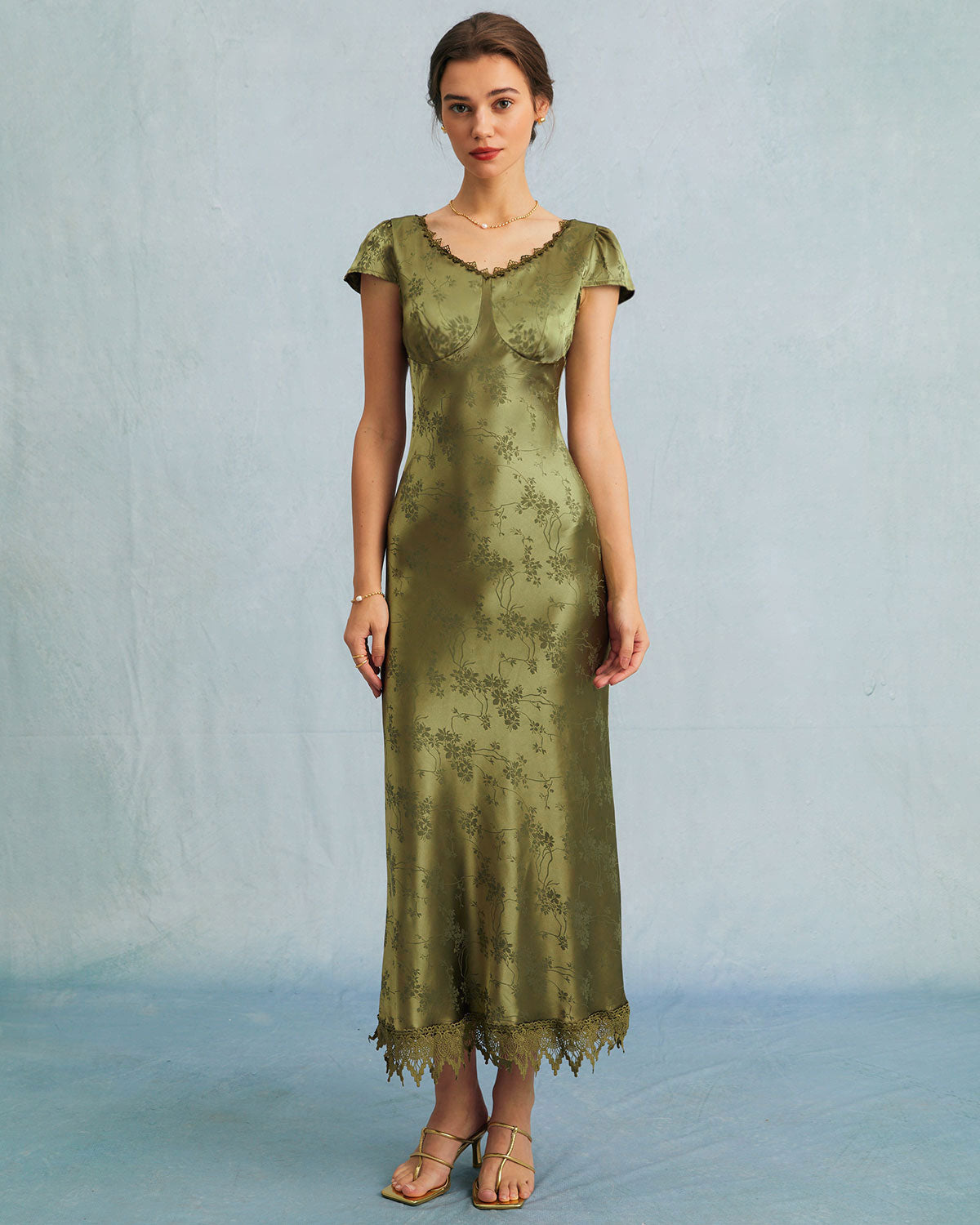 The Green Jacquard Cap Sleeve Satin Midi Dress Cheap Sale Newest