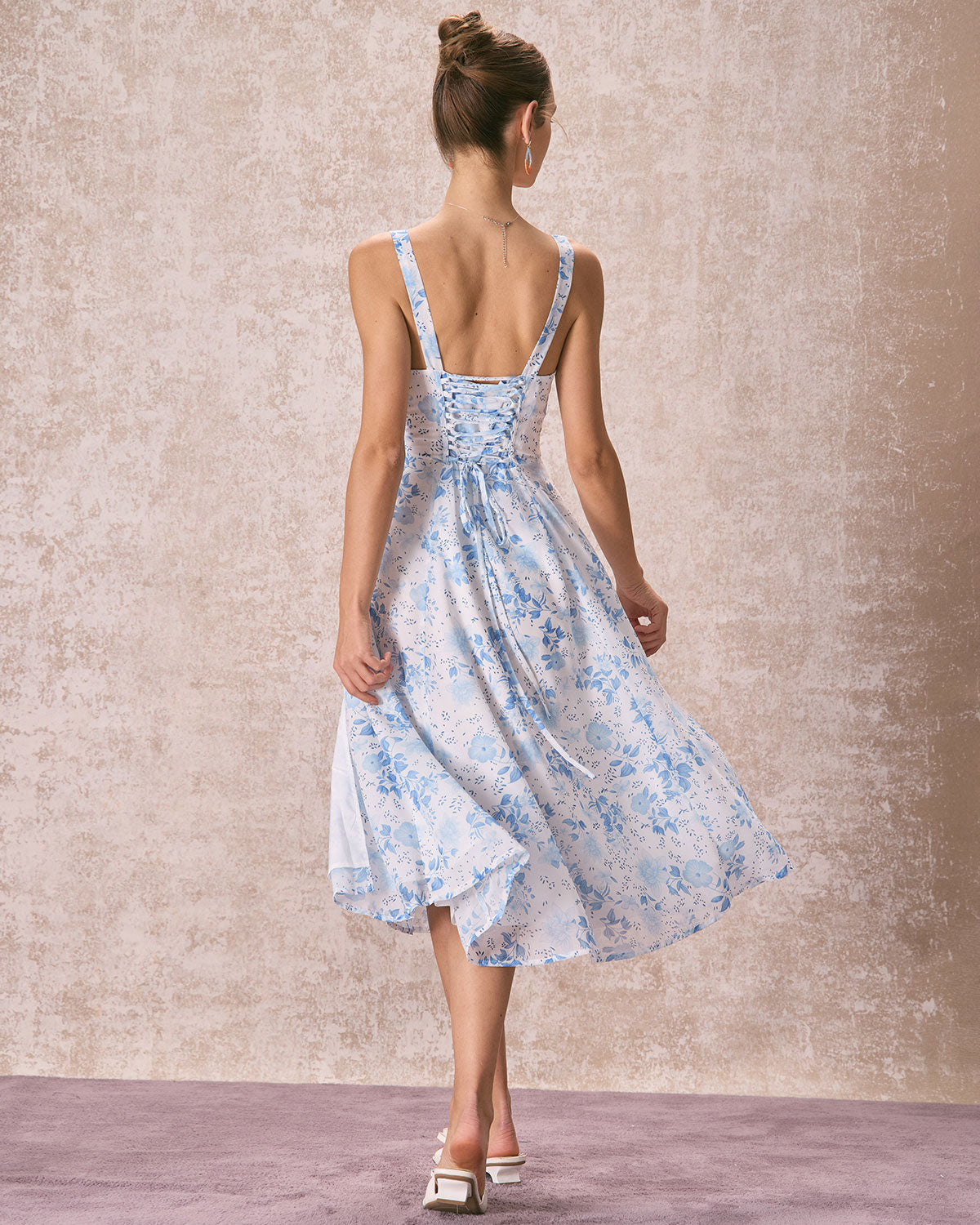 The Blue Square Neck Floral Ruched Midi Dress Cheap Fake