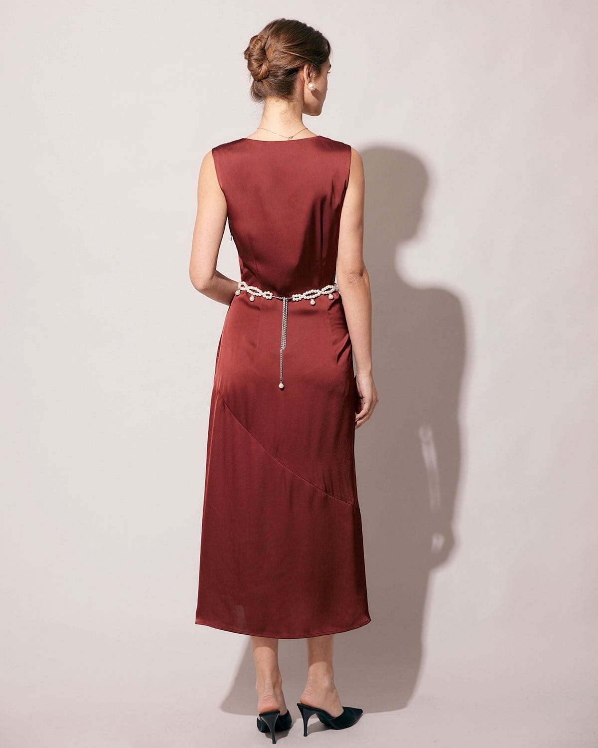 The Coffee Square Neck Sleeveless Satin Midi Dress Reliable For Sale