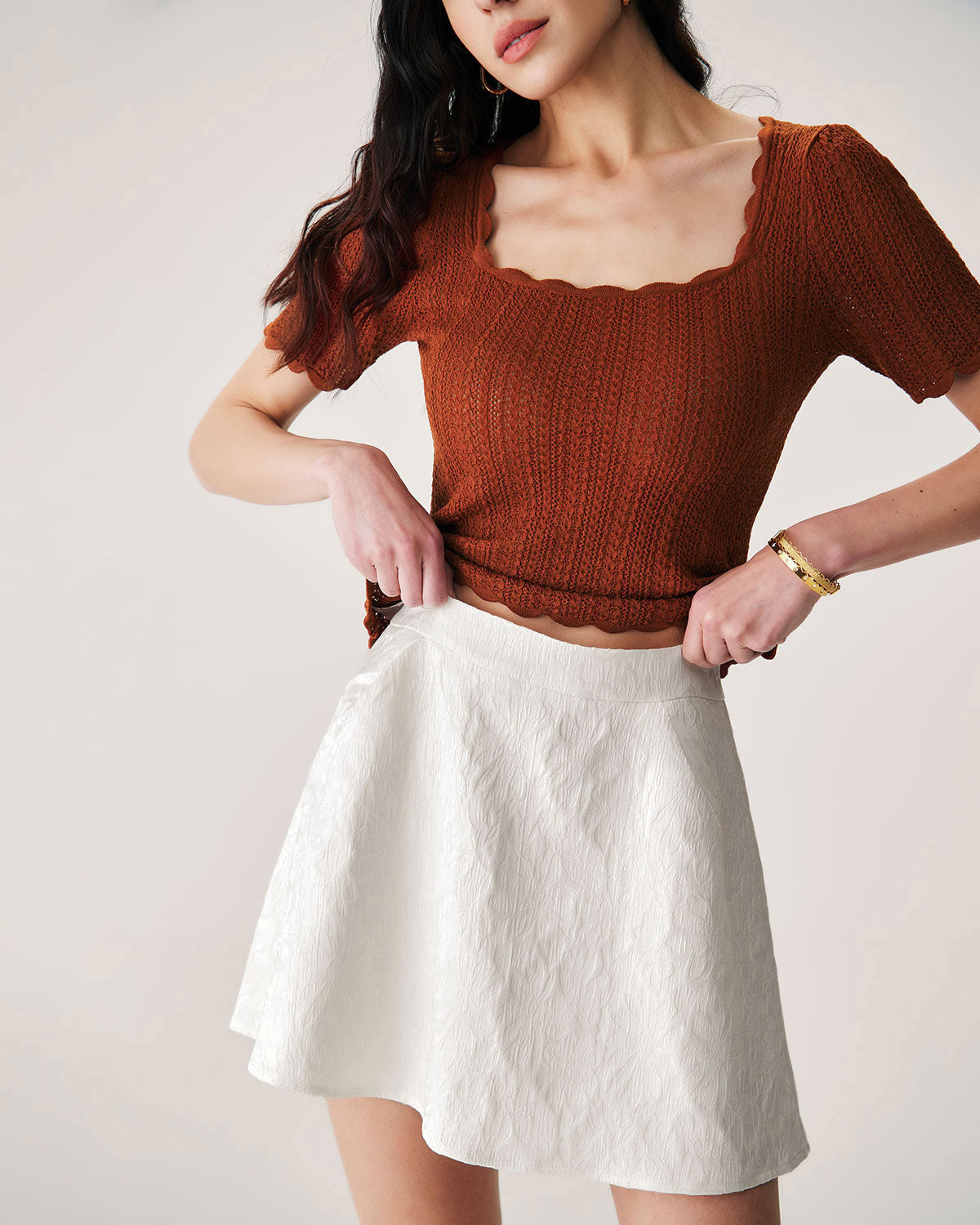 Beige Jacquard A-Line Mini Skirt Cheap Best