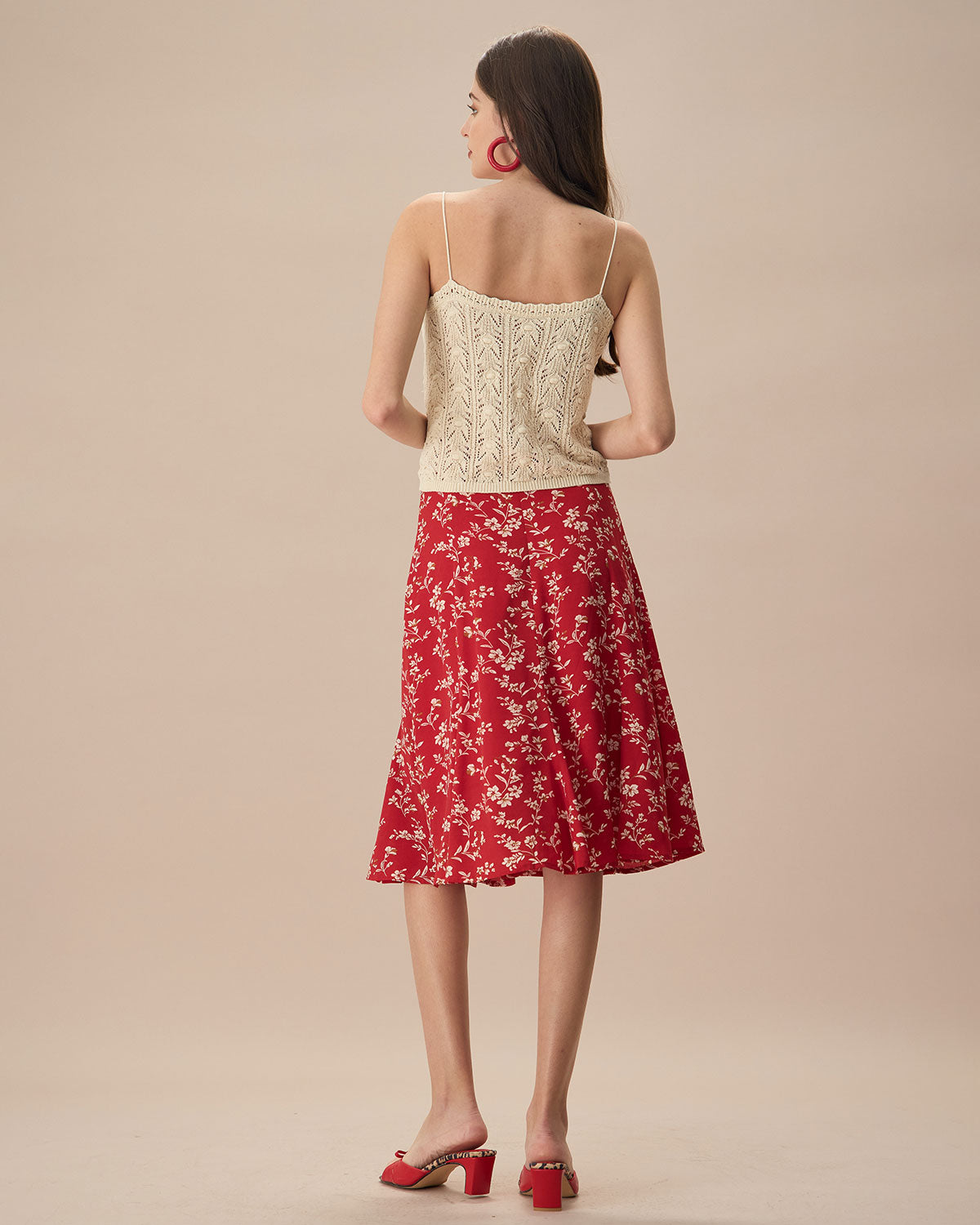 The Red High-Waisted Floral Midi Skirt Good Selling Cheap Pice