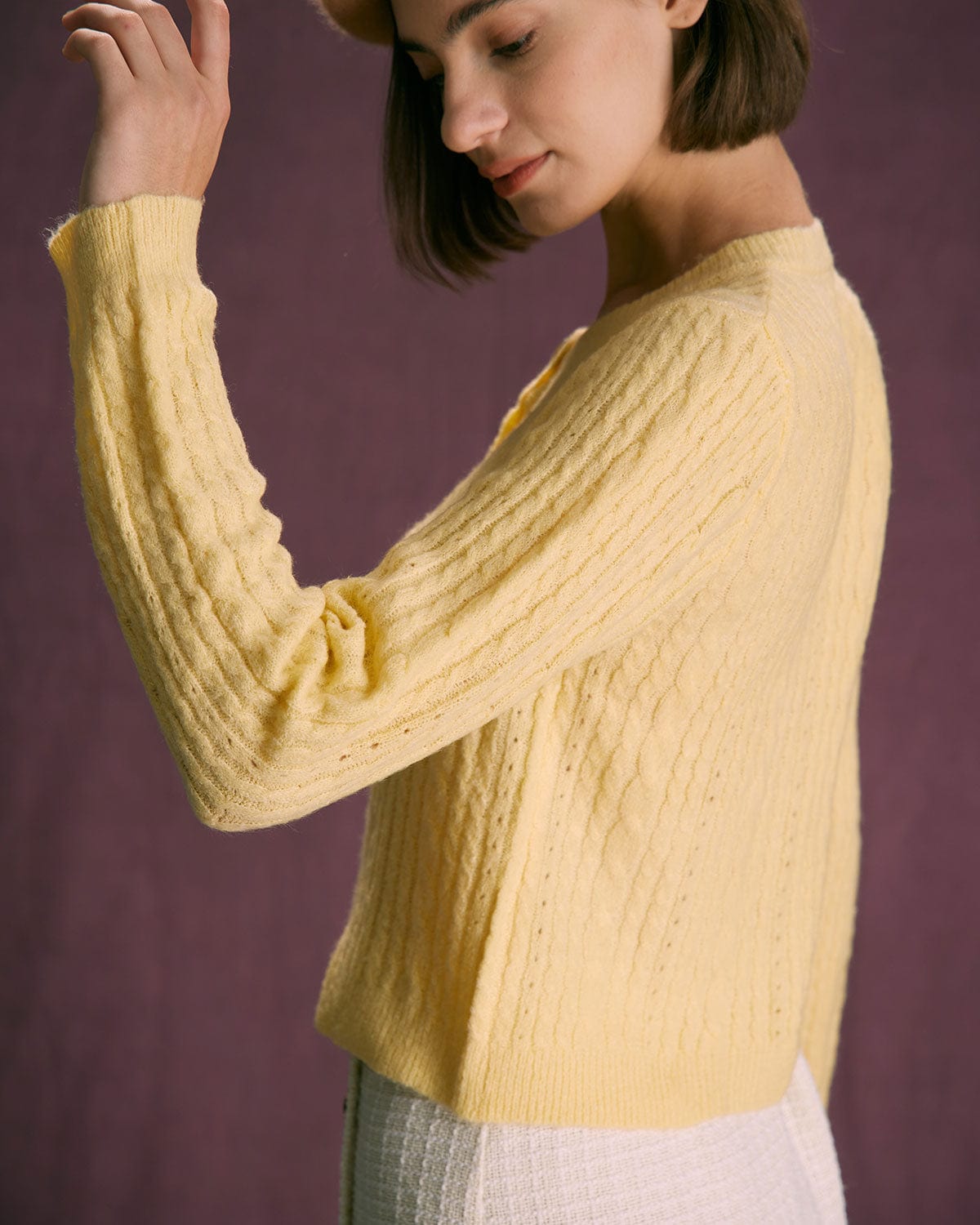 The Yellow Round Neck Cable Ribbed Cardigan Cheap Sale Buy