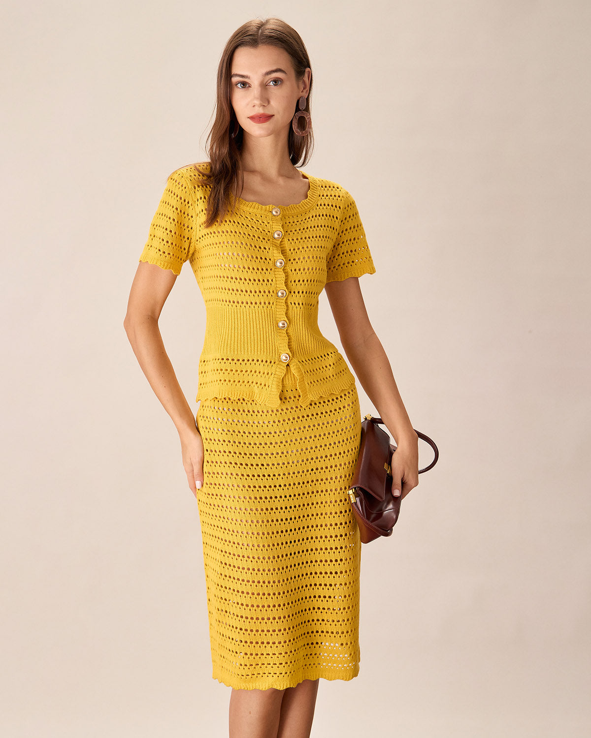 Yellow High-waisted Knee Length Knit Skirt For Sale Free Shipping