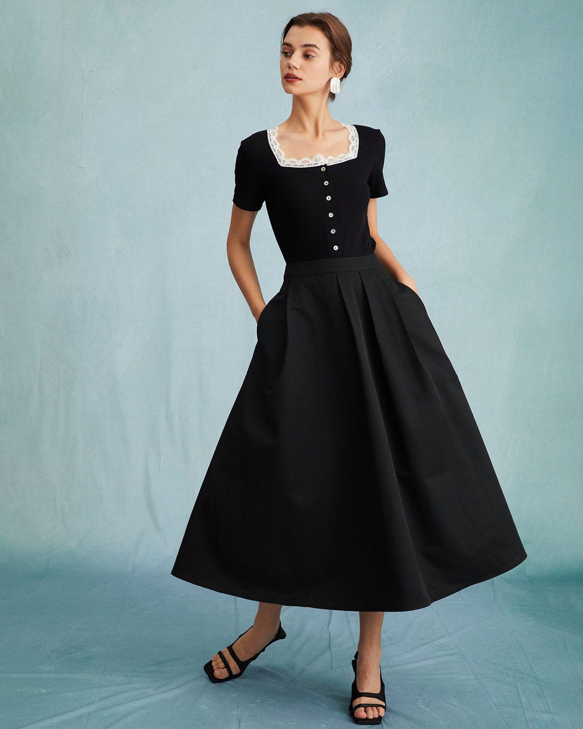 The Black High Waisted Pleated Midi Skirt Discount Best Place