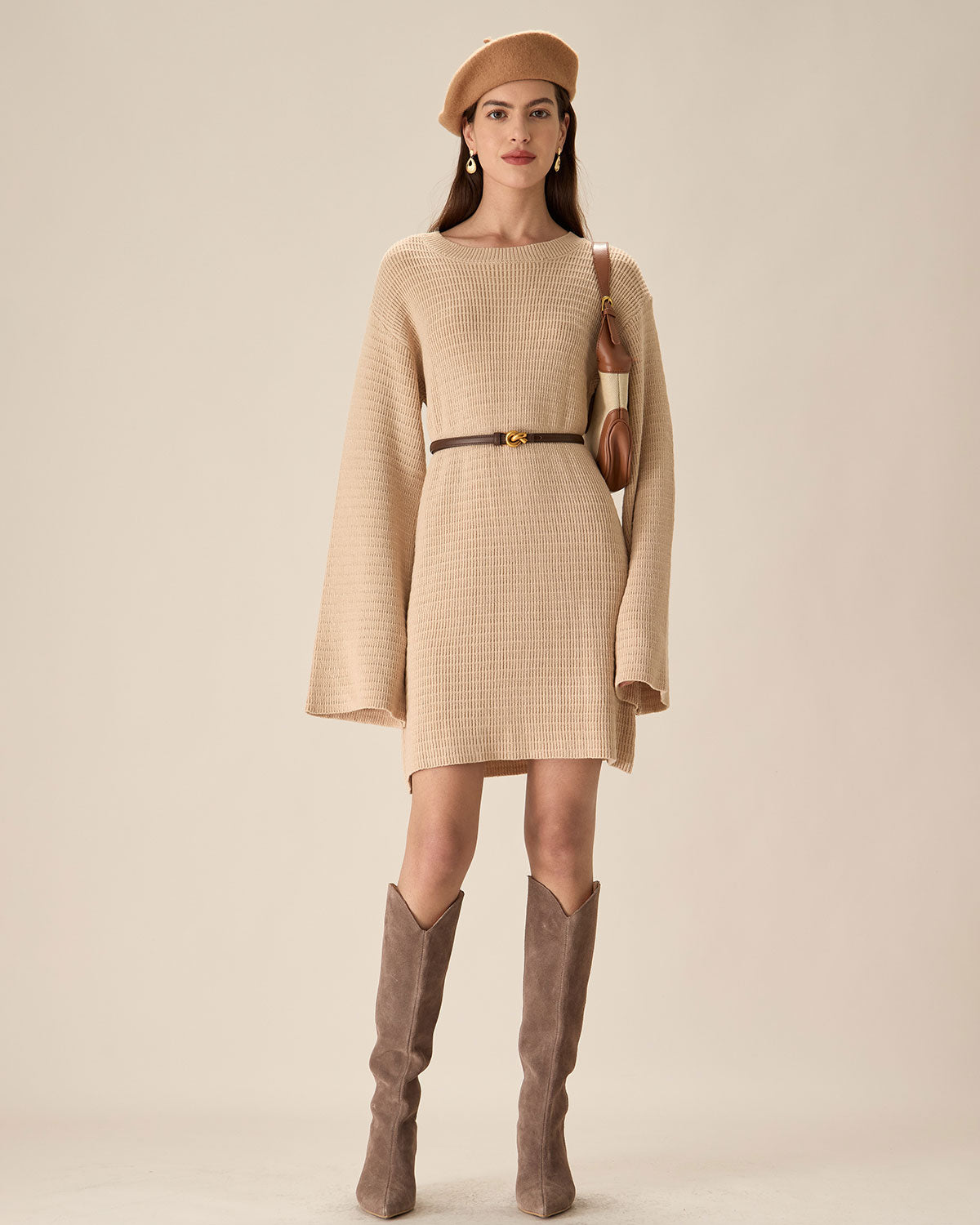 Beige Drop Shoulder Sweater Mini Dress Cheap New Arrival