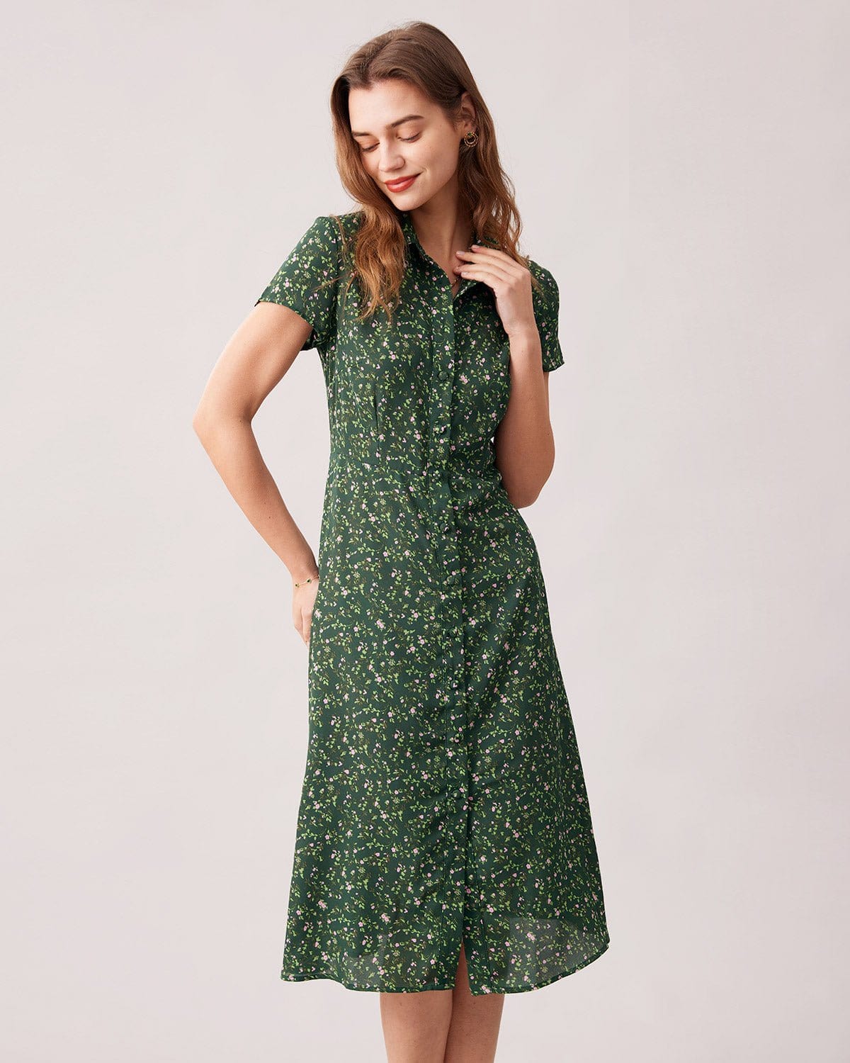 The Green Lapel Button Up Floral Midi Dress Finishline