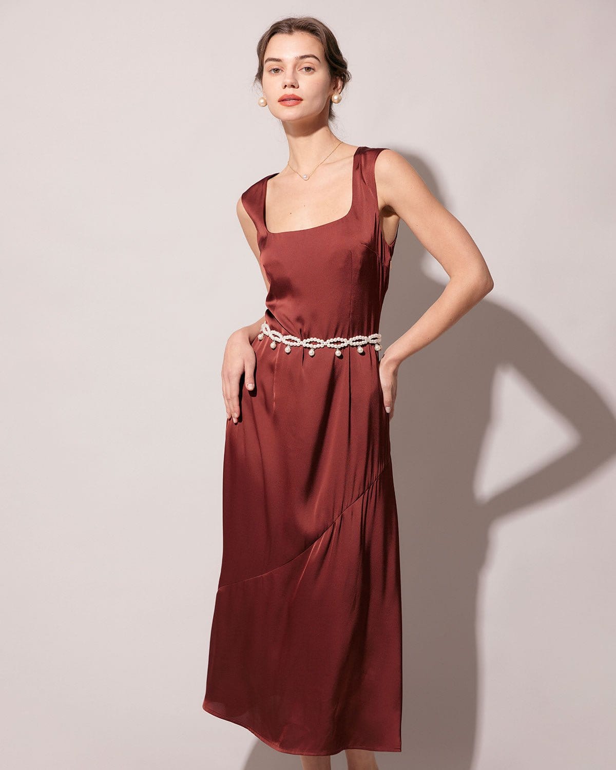 The Coffee Square Neck Sleeveless Satin Midi Dress Reliable For Sale