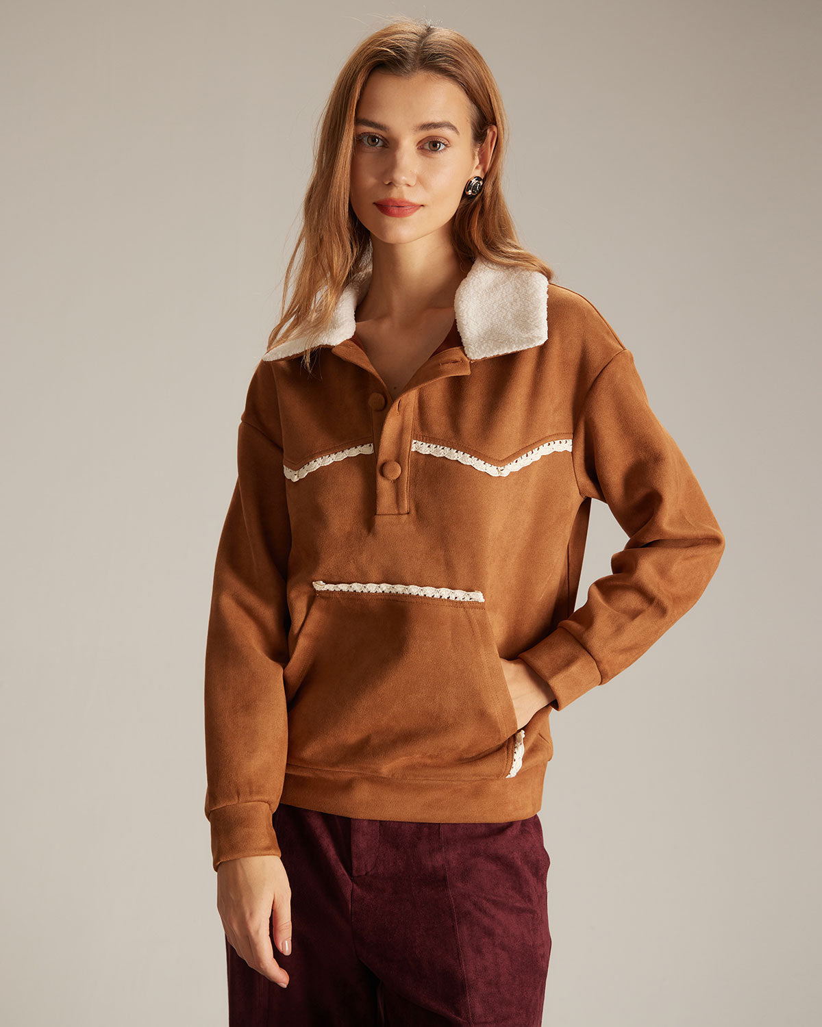 The Brown Lapel Button Suede Sweatshirt Store Cheap Online