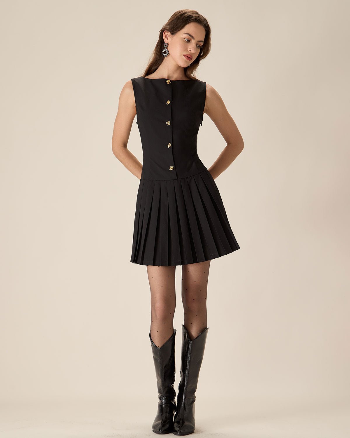 Black Boat Neck Pleated Mini Dress Sale Cost