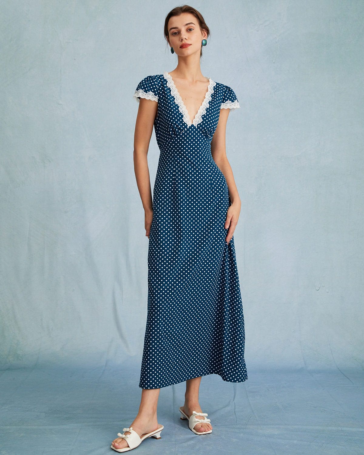 The Navy V Neck Polka Dot Lace Ruched Maxi Dress Free Shipping Pick A Best