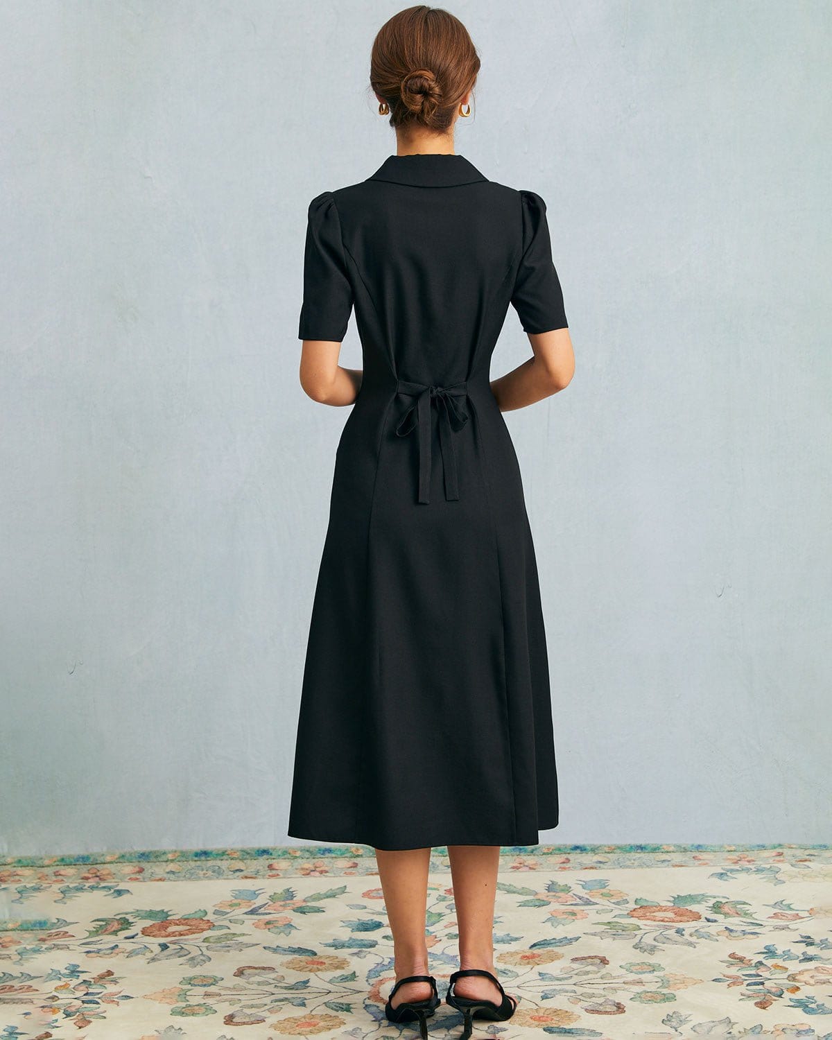 The Black V Neck Button Puff Sleeve Midi Dress Pay With Paypal Cheap Pice