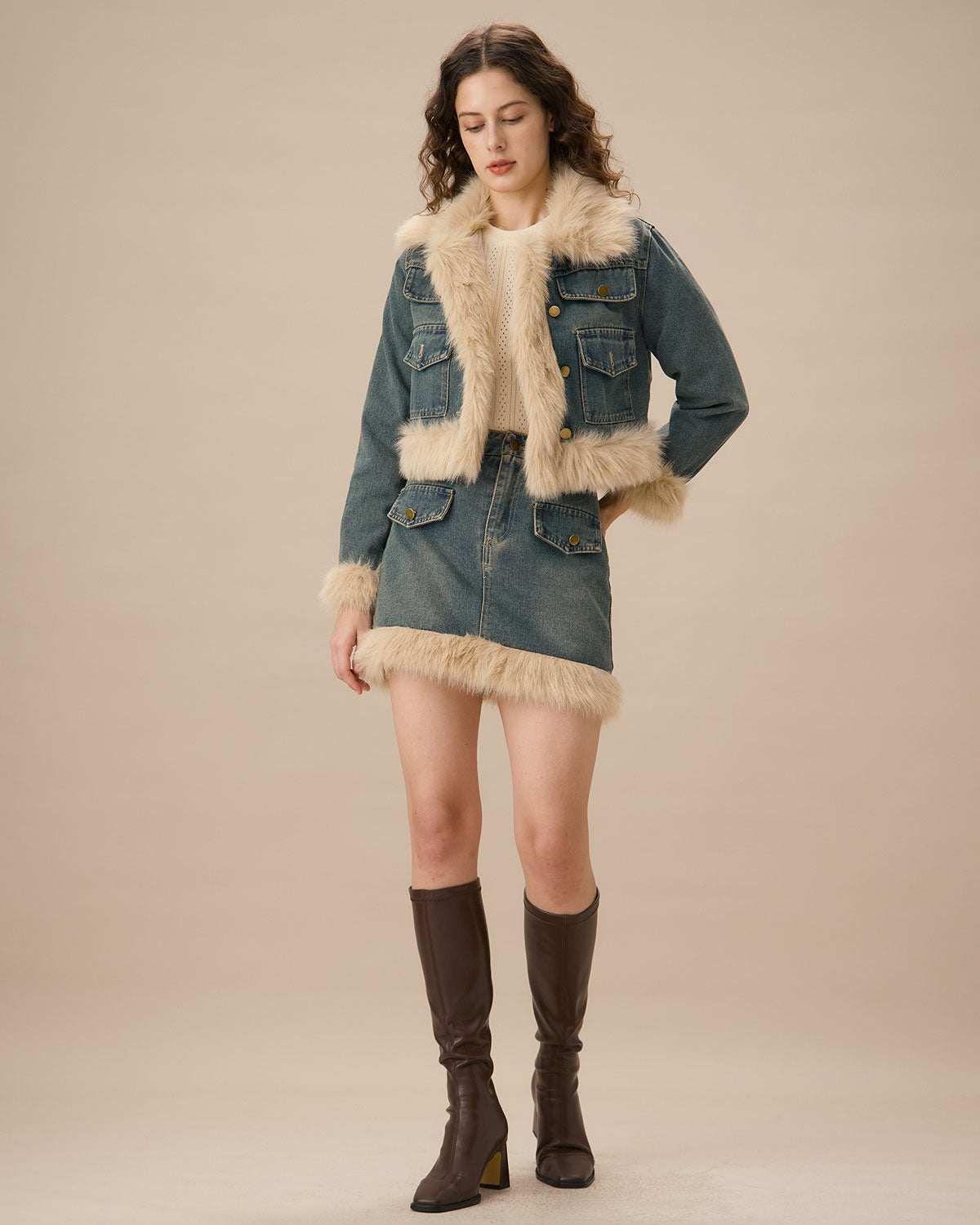 Blue Fur Trim A-Line Mini Skirt 2025 Newest Sale Online