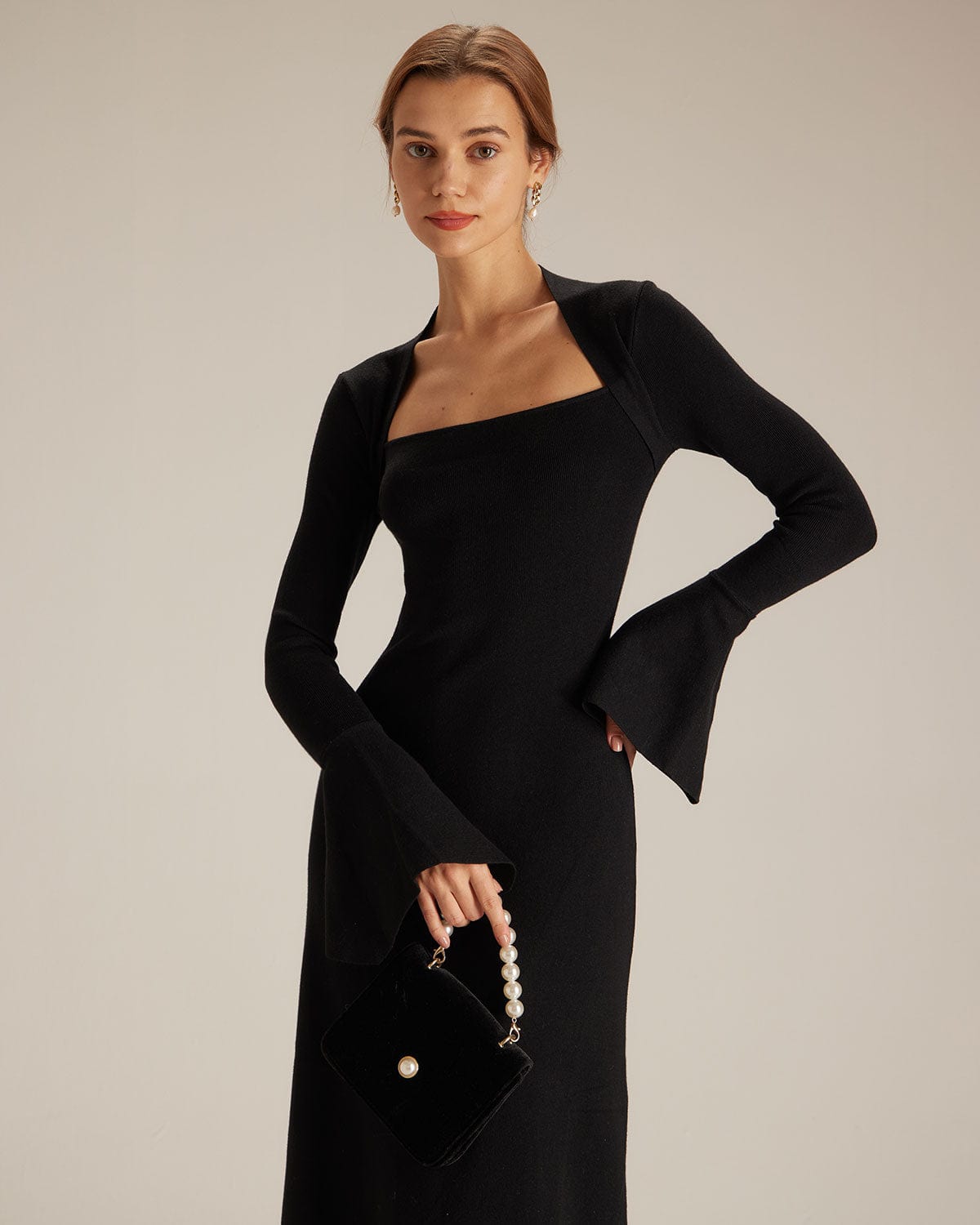 The Black Square Neck Flare Sleeve Midi Dress Buy Cheap Looking For