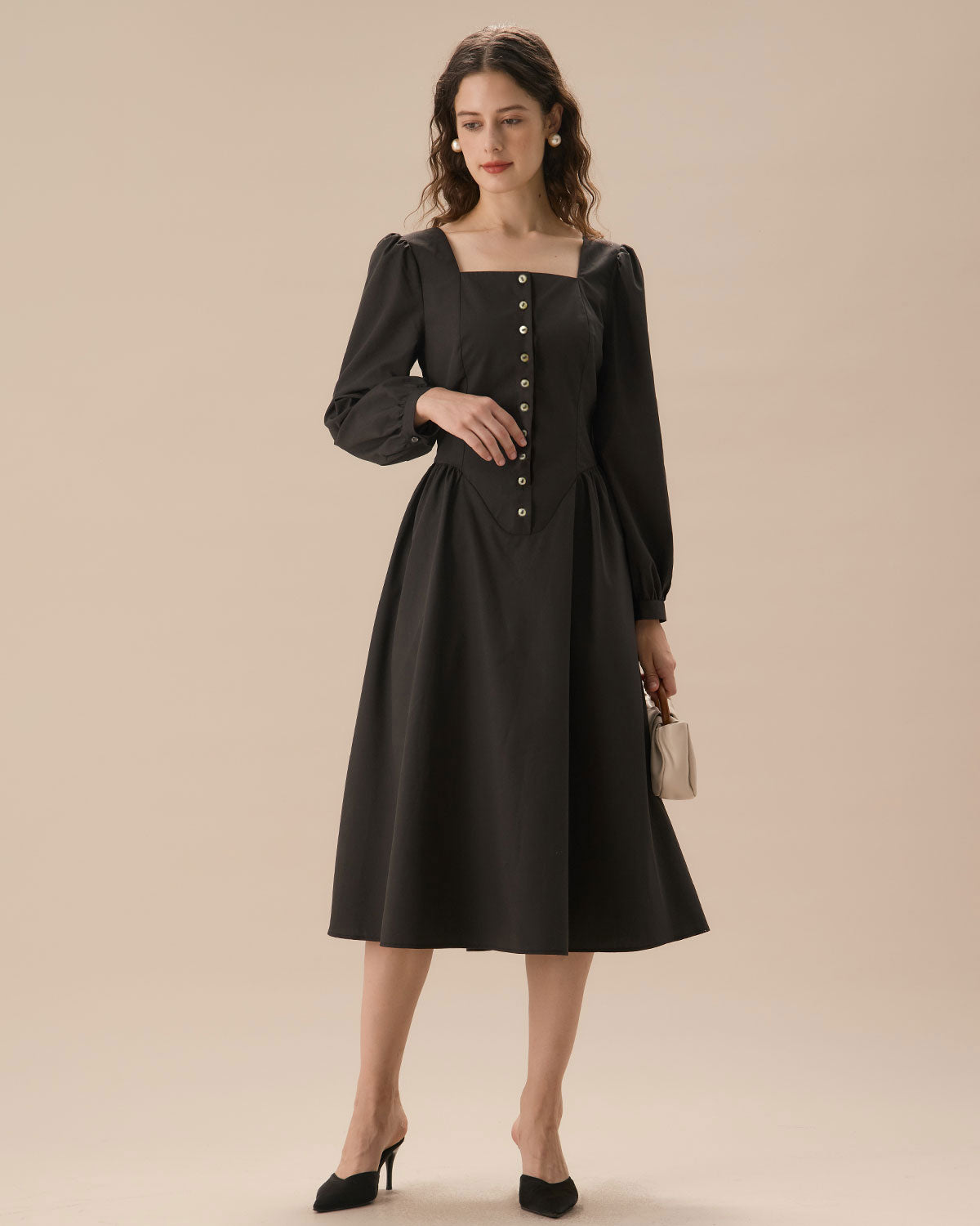 Black Square Neck Puffed Sleeve Midi Dress Cheap Buy Authentic