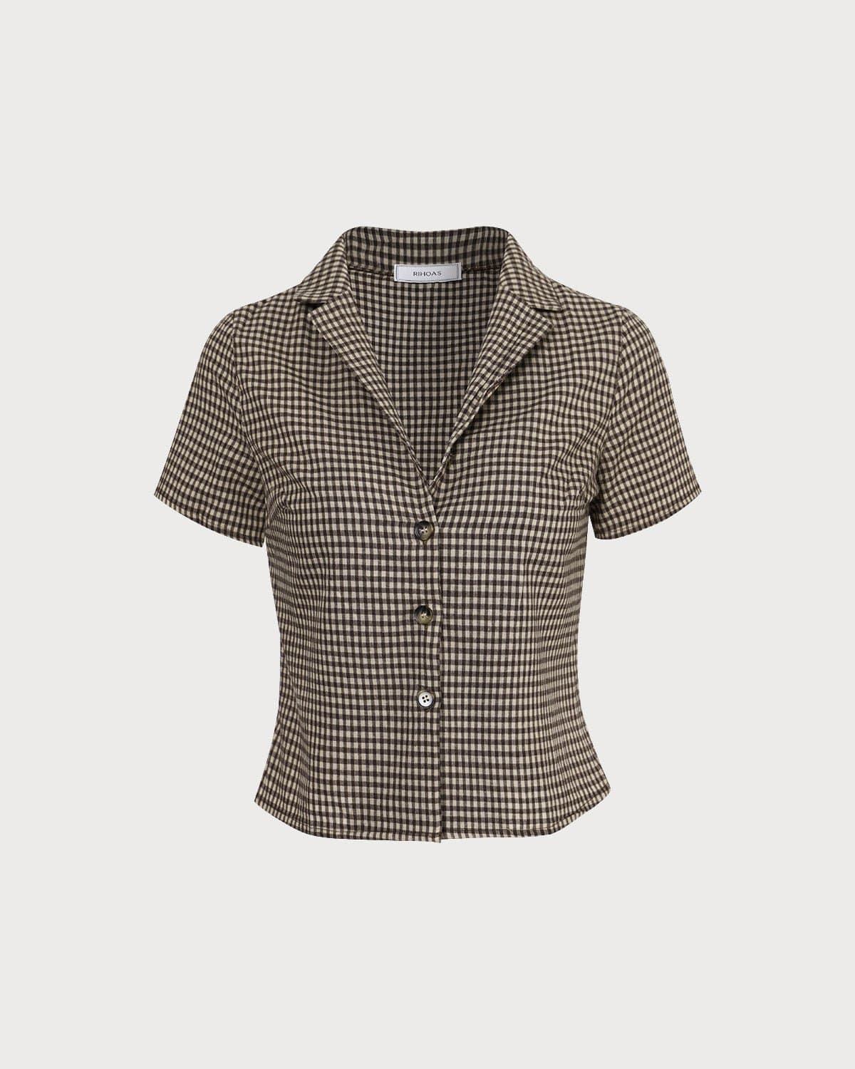 The Brown Lapel Plaid Short Sleeve Blouse Cheap Sale Get Authentic