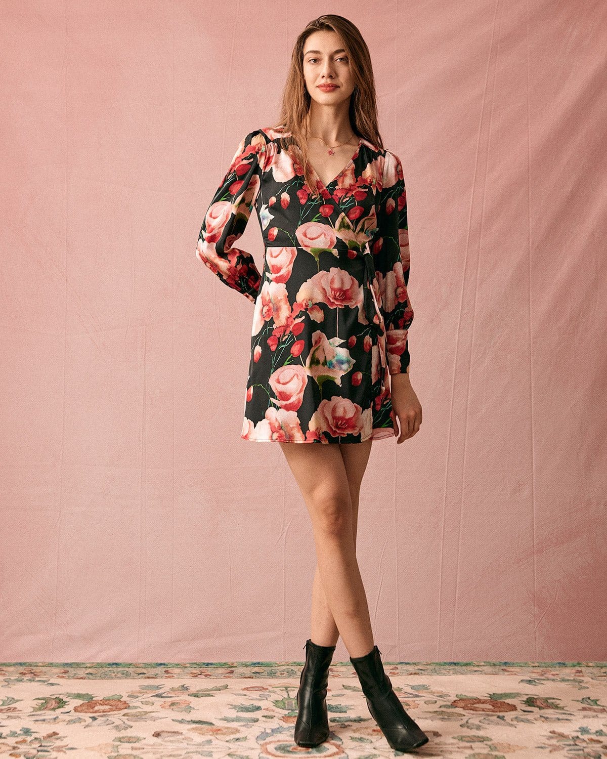 The V Neck Long Sleeve Floral Wrap Mini Dress Sale 100% Guaranteed