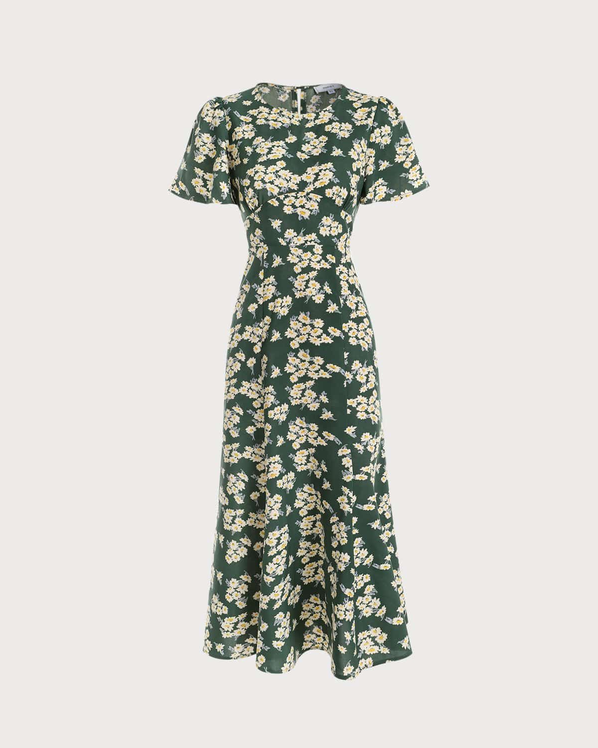 The Green Round Neck Short Sleeve Floral Midi Dress Shop For Sale