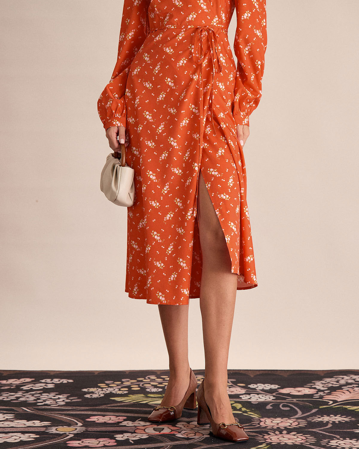 Orange Floral Wrap Midi Dress Outlet Finishline