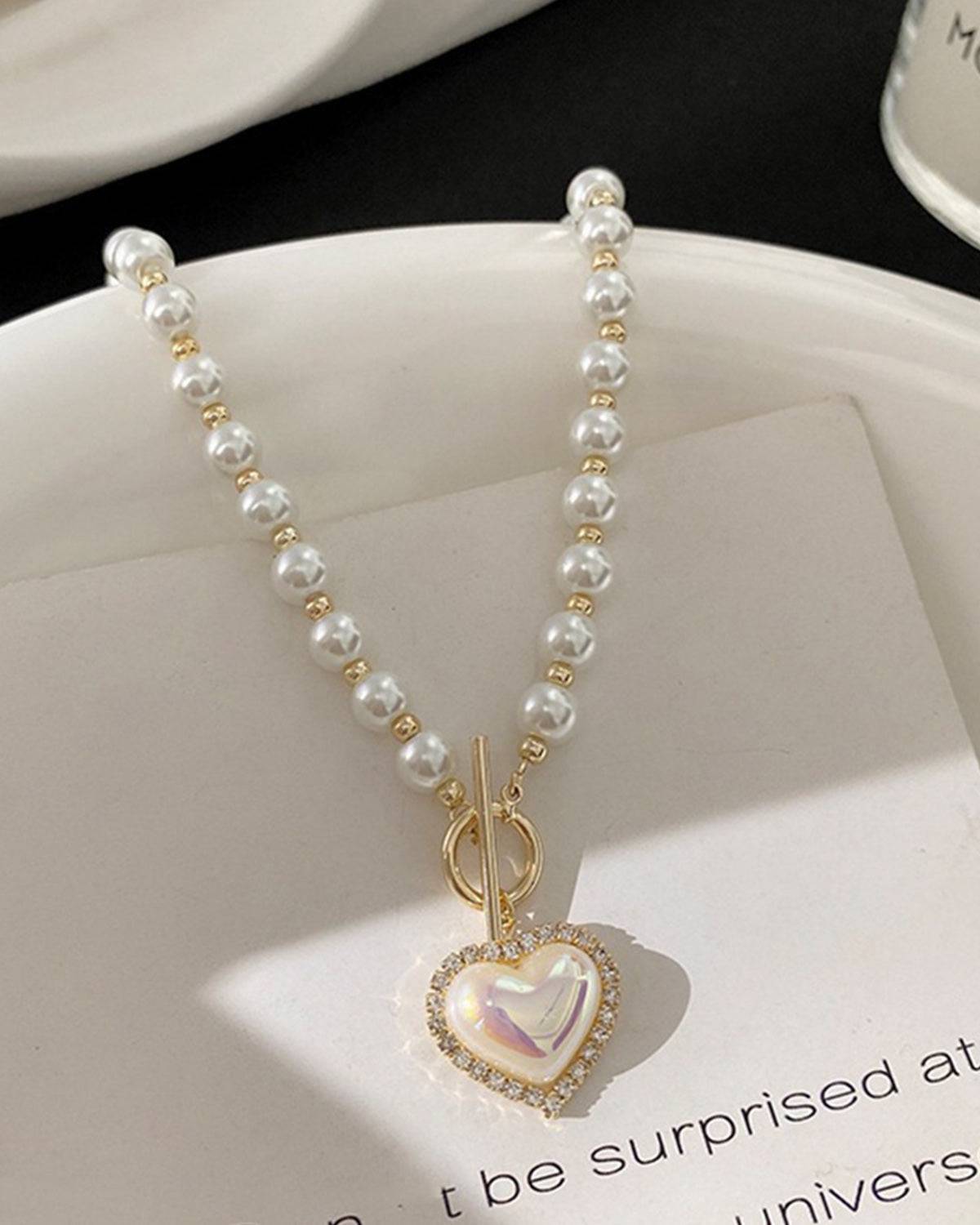 The Faux Pearl Decor Heart Pendant Necklace Low Pice Fee Shipping