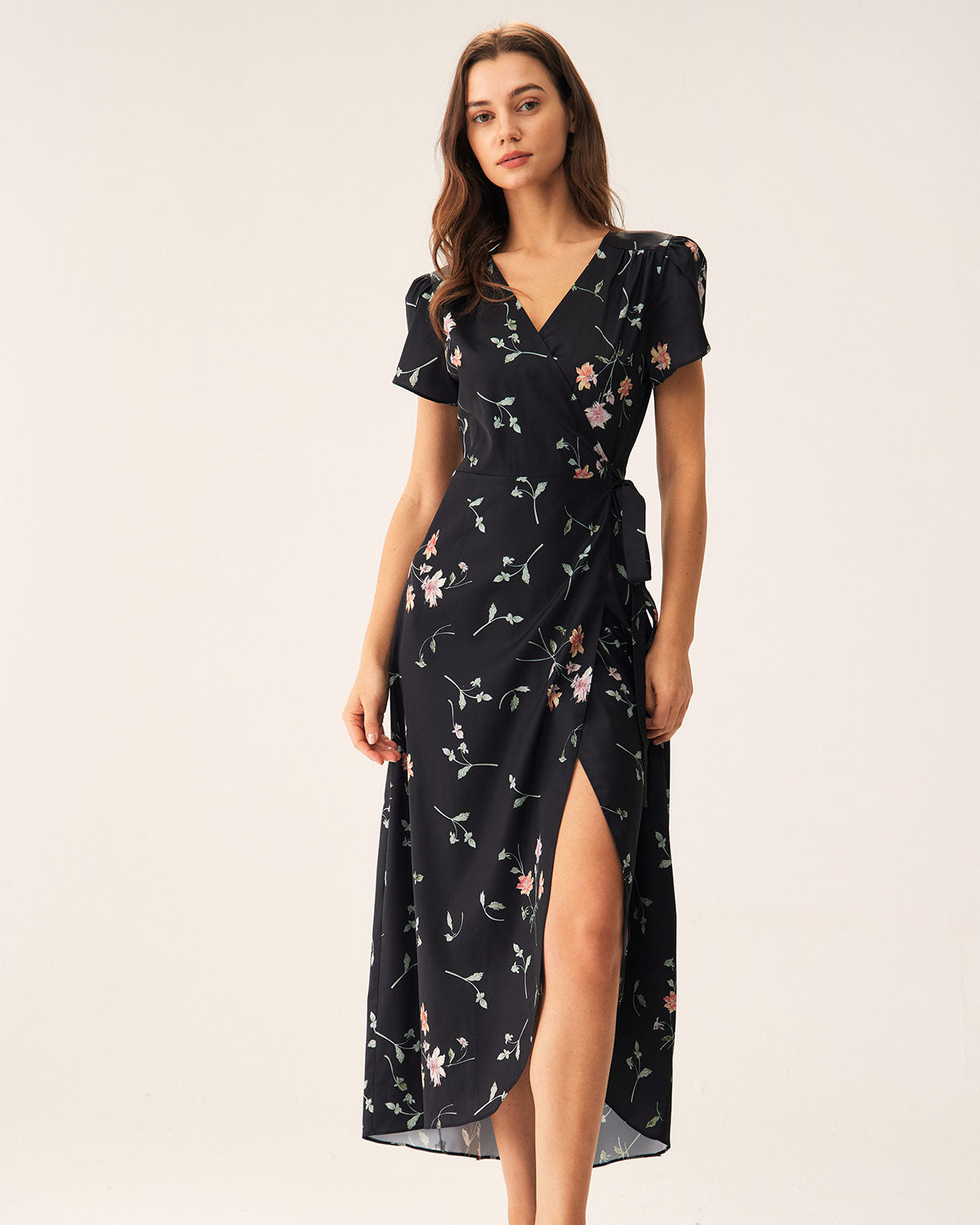 Black Floral Wrap Maxi Dress Discount 2025 Unisex