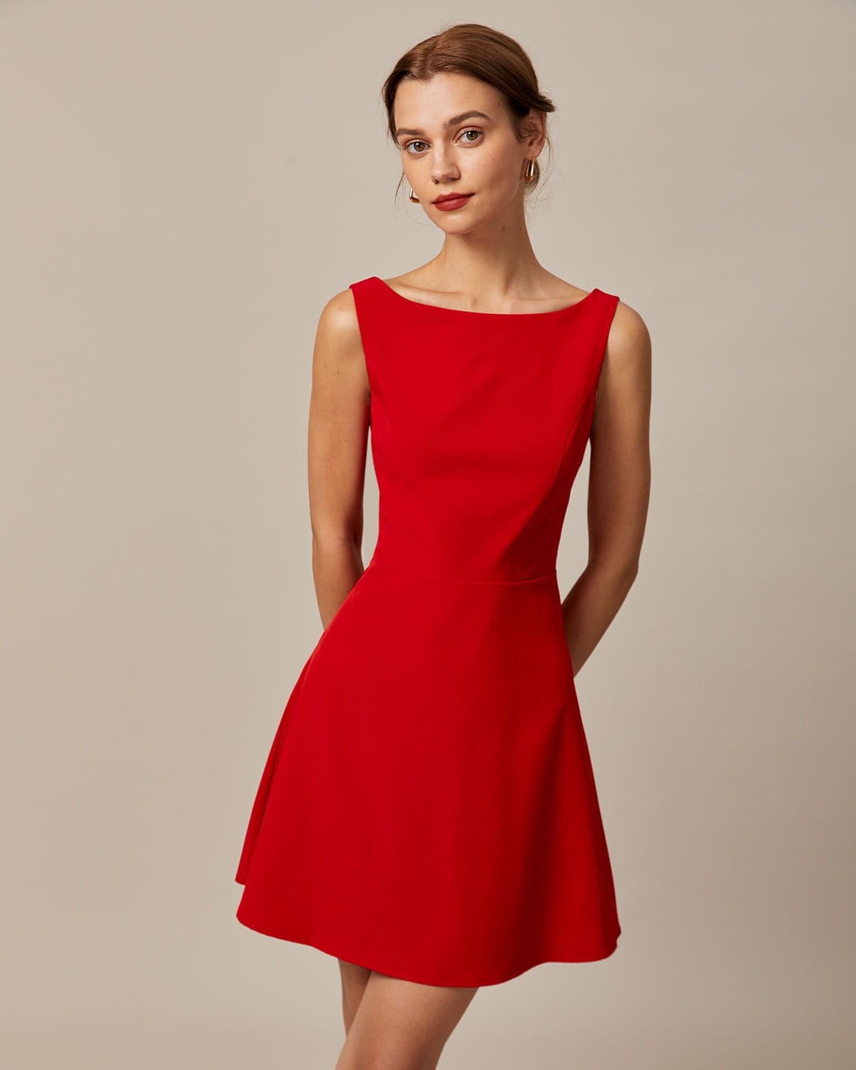 The Red Boat Neck High Waisted Mini Dress Purchase For Sale