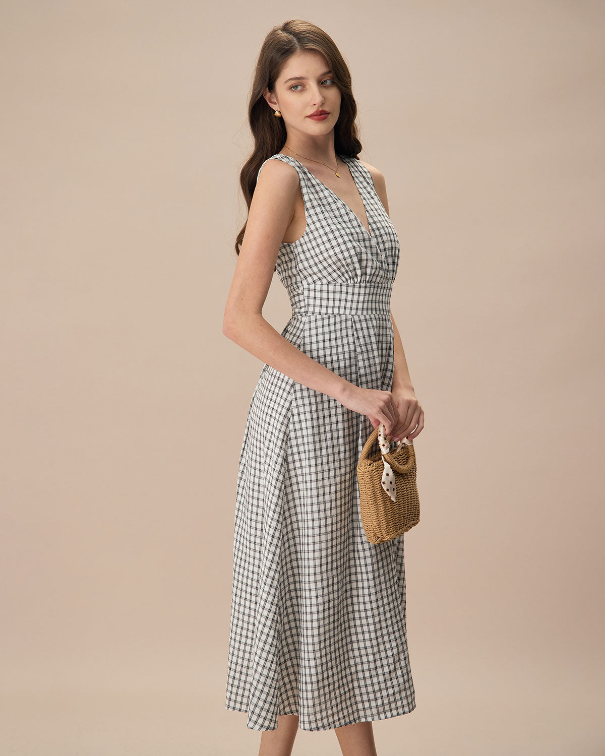 The Black V-Neck Plaid Tie Strap Cotton Midi Dress Best Store To Get Cheap Online