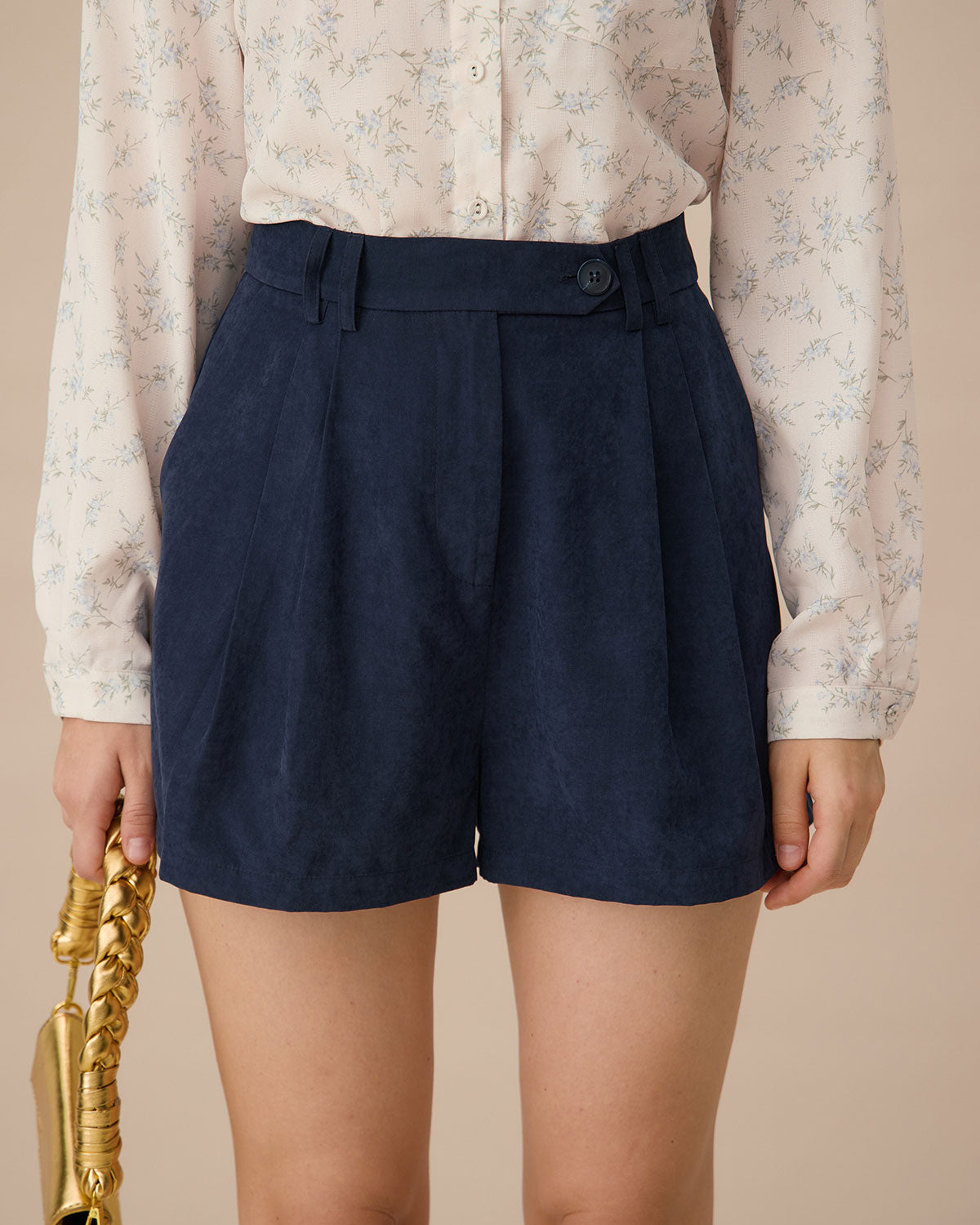 Navy High-waisted Suede Pleated Shorts Cheap Best Store To Get