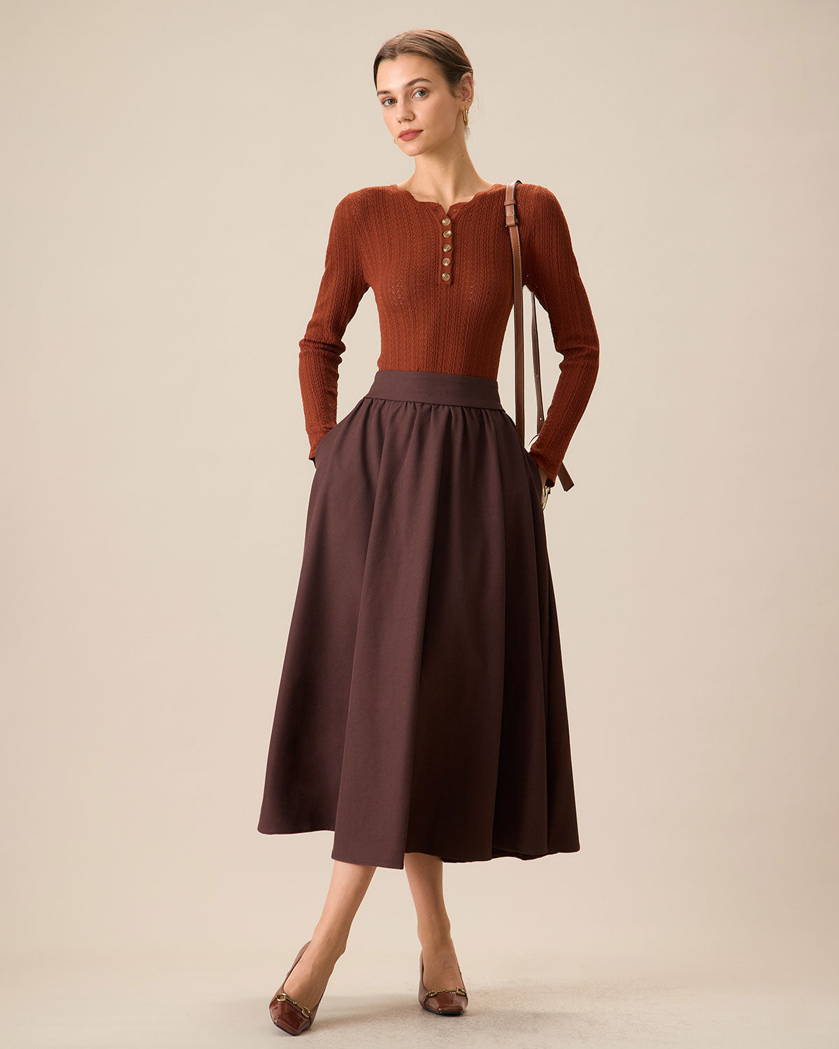 Women's Coffee High-waisted Pleated Midi Skirt