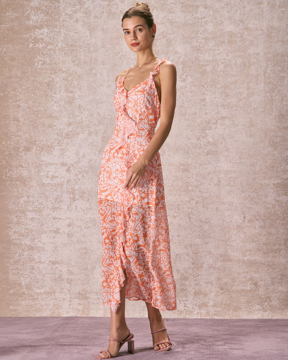 The Orange V Neck Floral Ruffle Maxi Dress Free Shipping Online