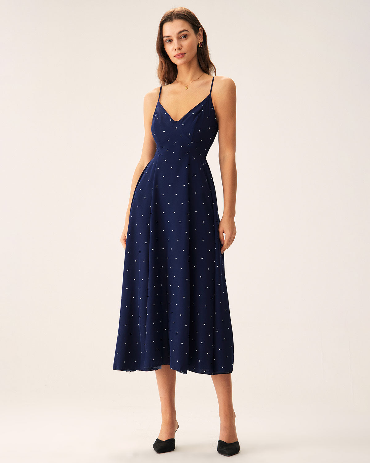 Navy Polka Dot Shirred Slip Midi Dress Best Seller Cheap Pice