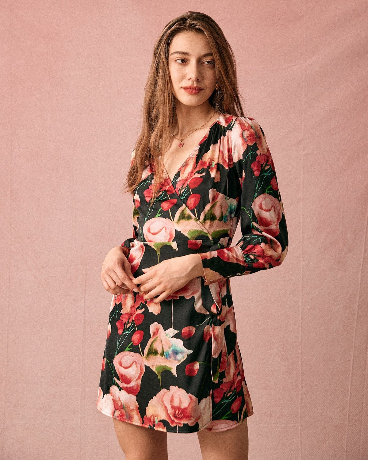 The V Neck Long Sleeve Floral Wrap Mini Dress Sale 100% Guaranteed