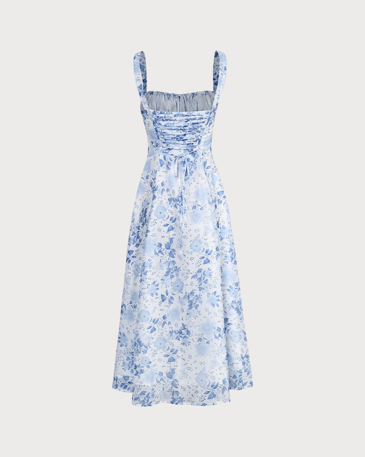 The Blue Square Neck Floral Ruched Midi Dress Cheap Fake