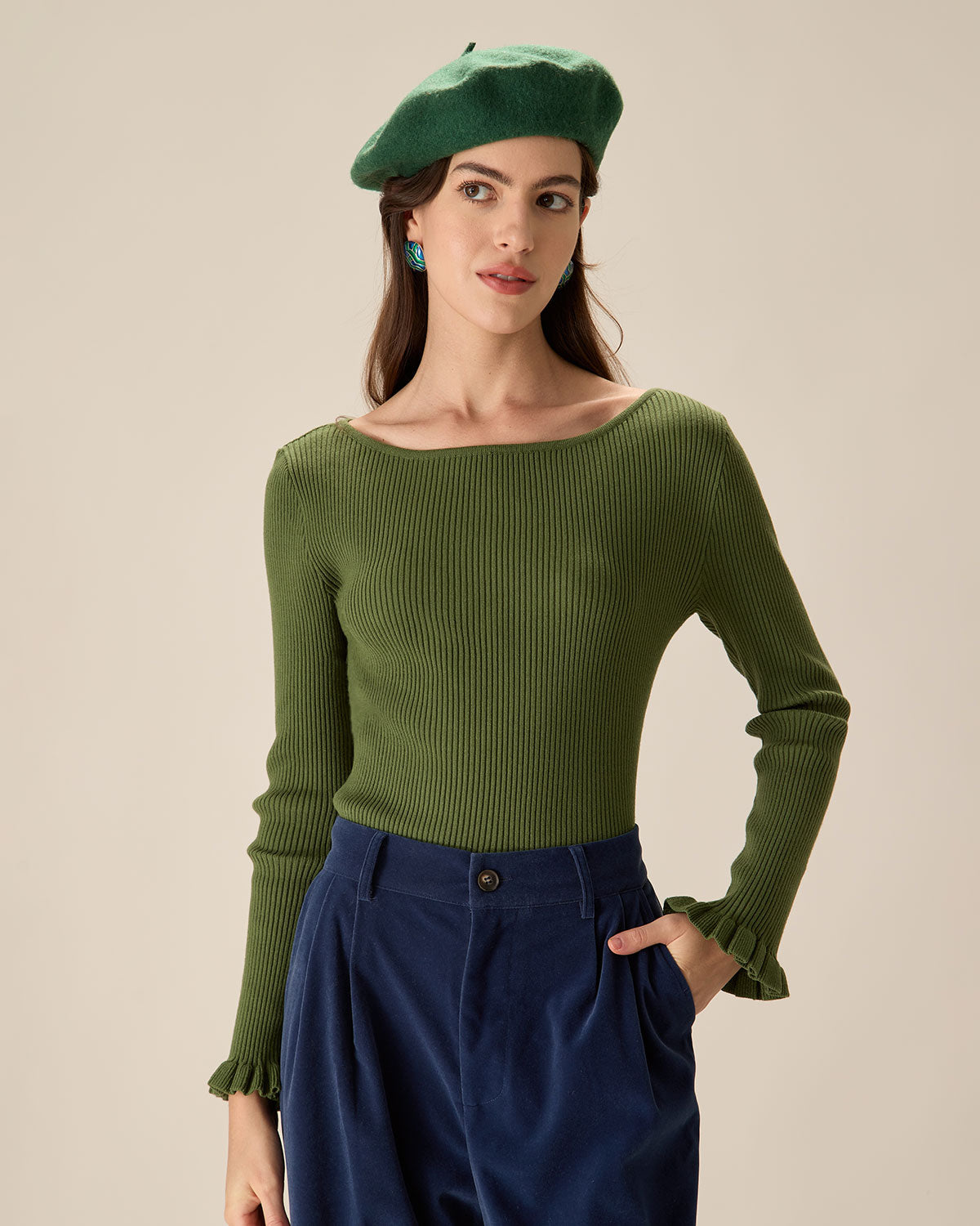 Green Boat Neck Ruffle Slim Tee Cheap Sale Professional