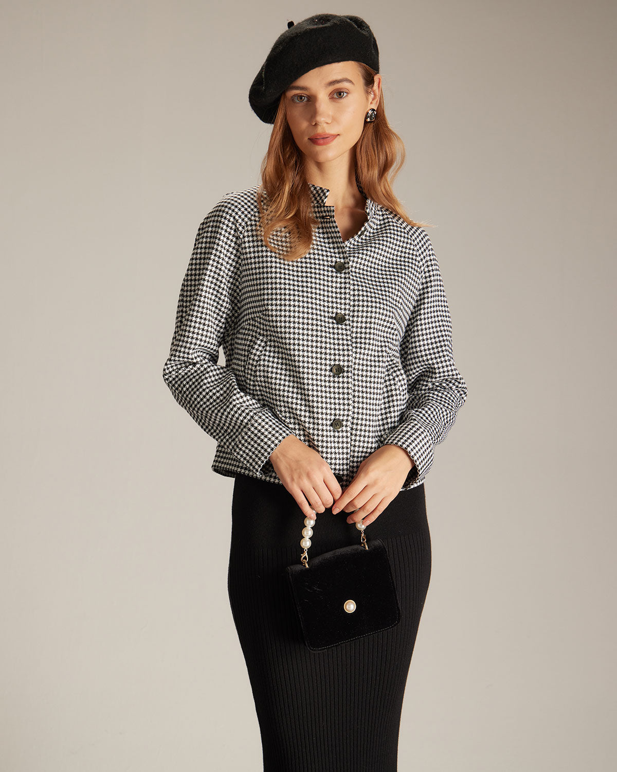 The Black Mock Neck Houndstooth Jacket In China Cheap Online