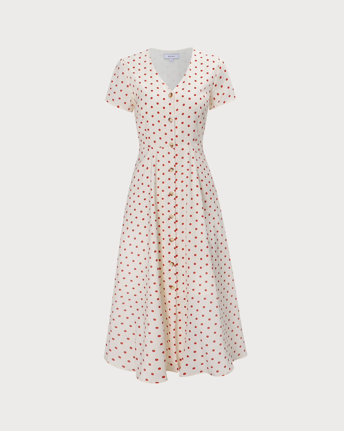 The Beige V Neck Polka Dot Button Midi Dress Free Shipping 2025 Unisex