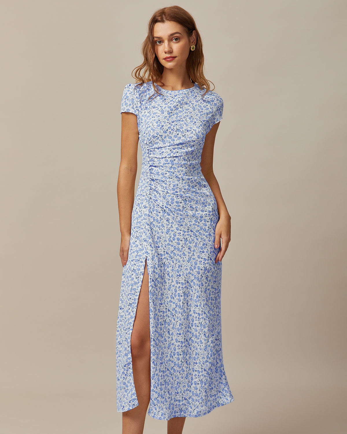 The Blue Round Neck Floral Slit Midi Dress Clearance Explore