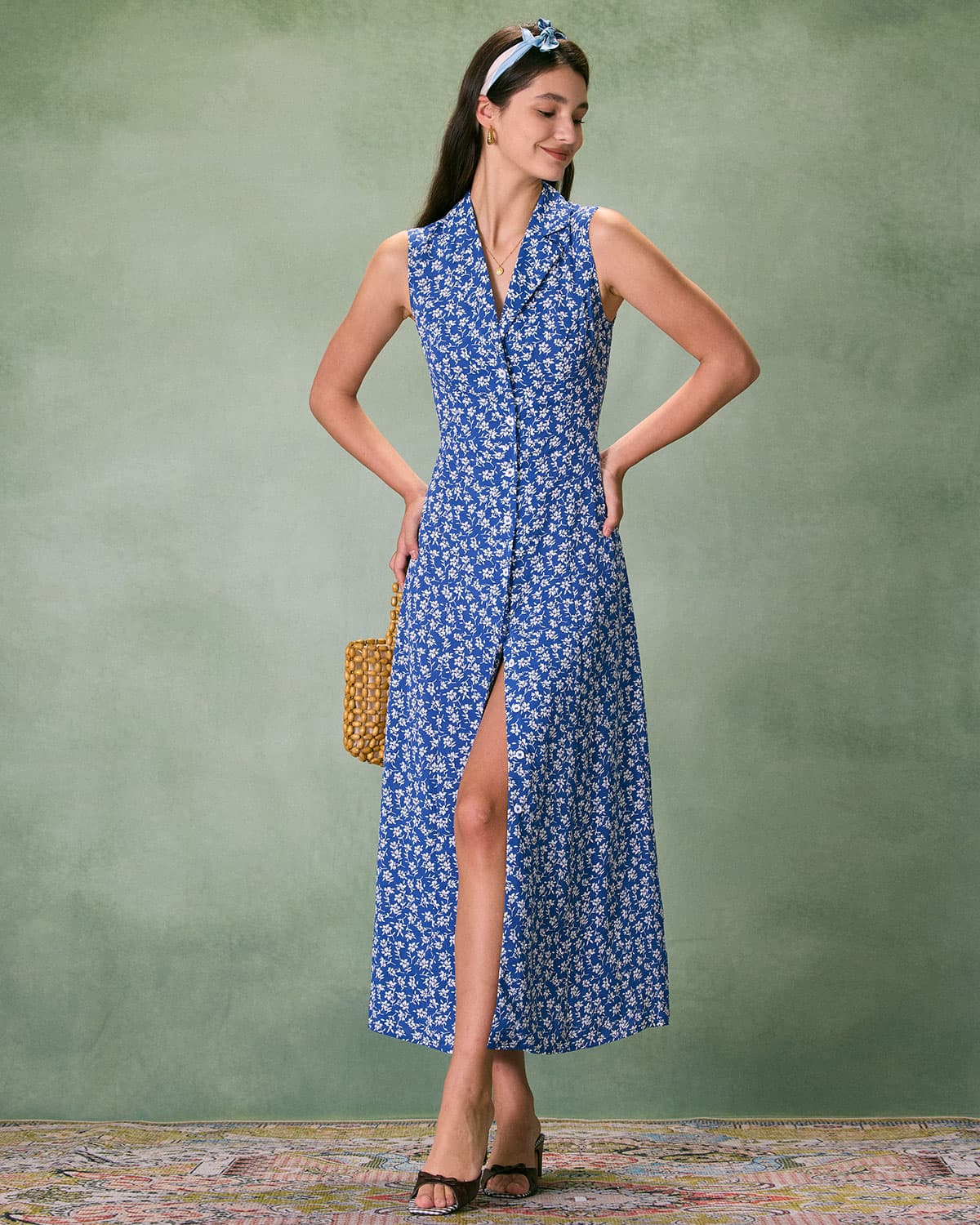 The Blue Collared Button-up Floral Maxi Dress Buy Cheap 2025 Newest